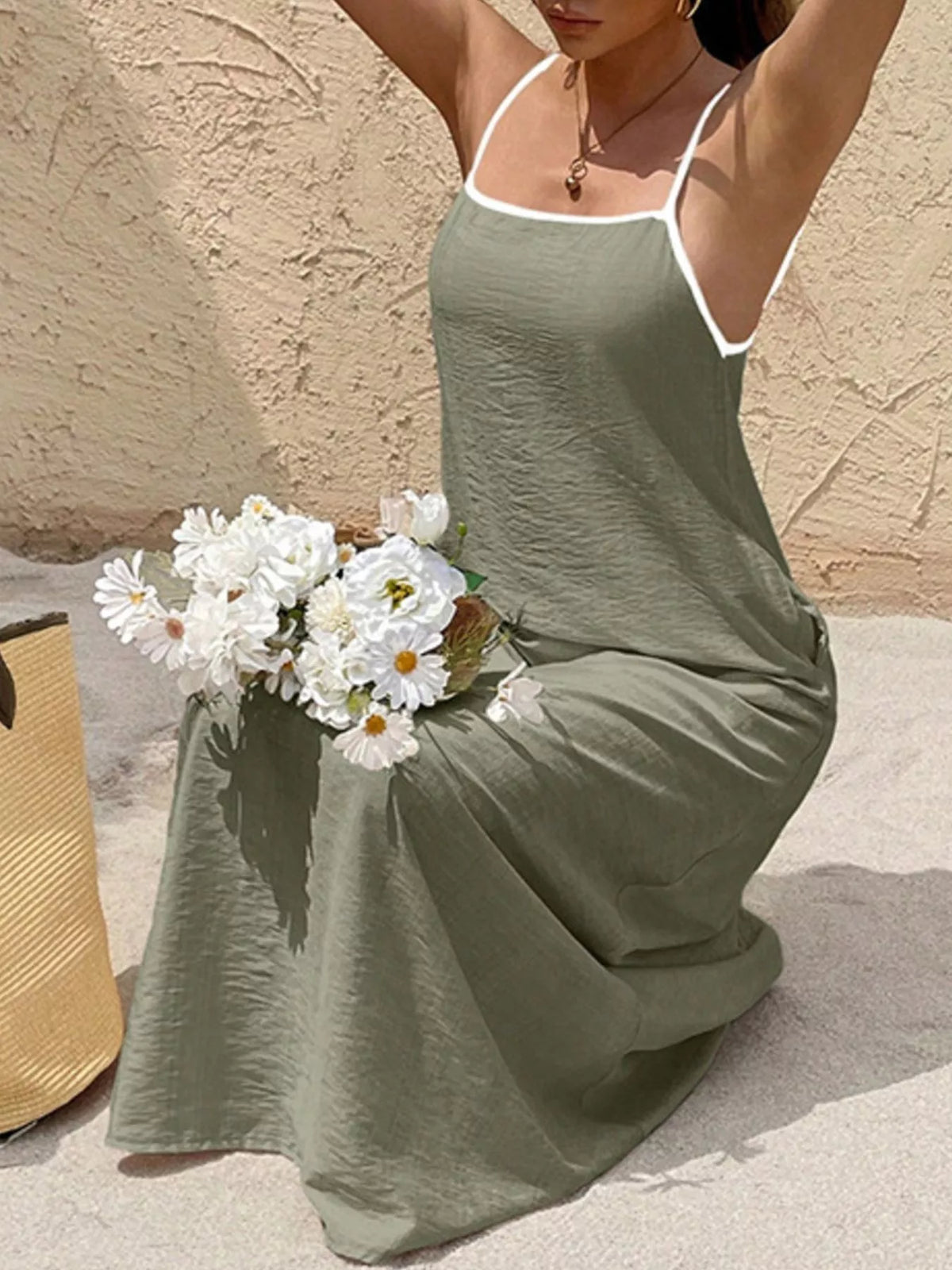 Spaghetti Strap Maxi Dress with Contrasting Trim in Olive