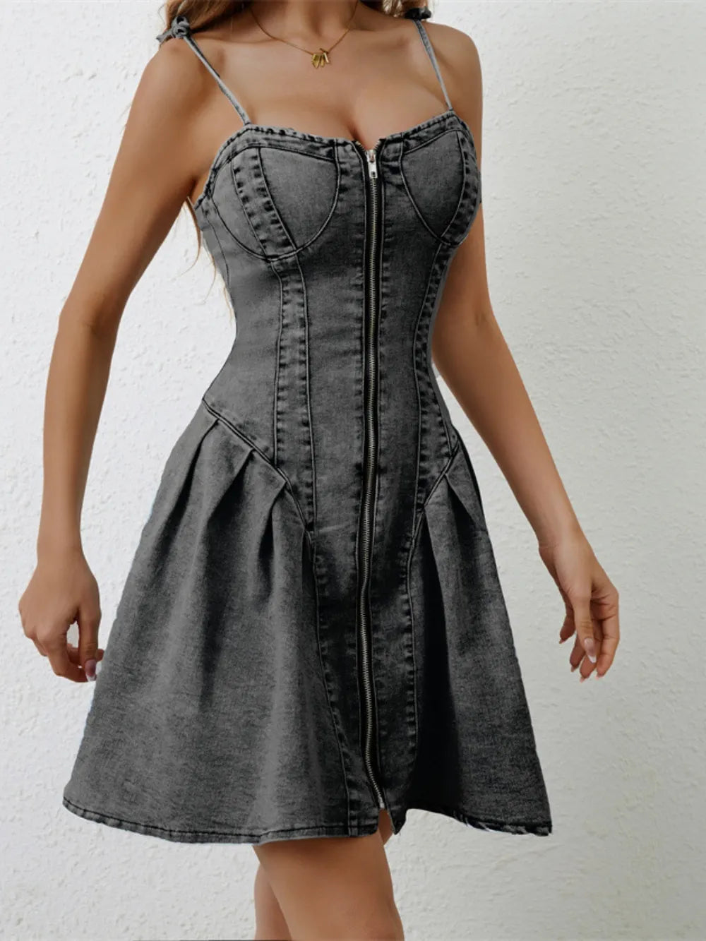 Ruched Spaghetti Strap Denim Dress by Y.Y@Denim