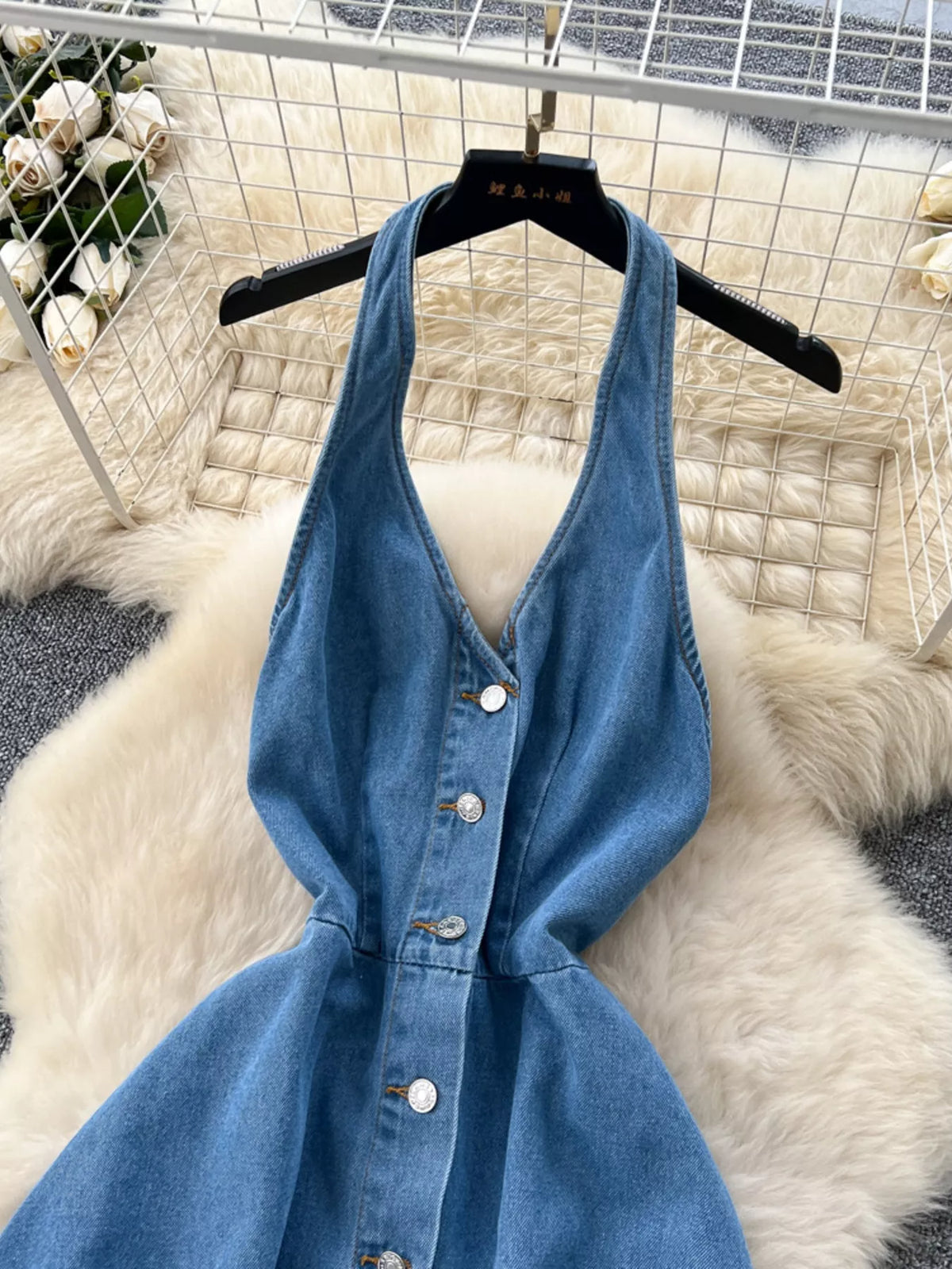 Halter Neck Button-Down Denim Dress in Blue