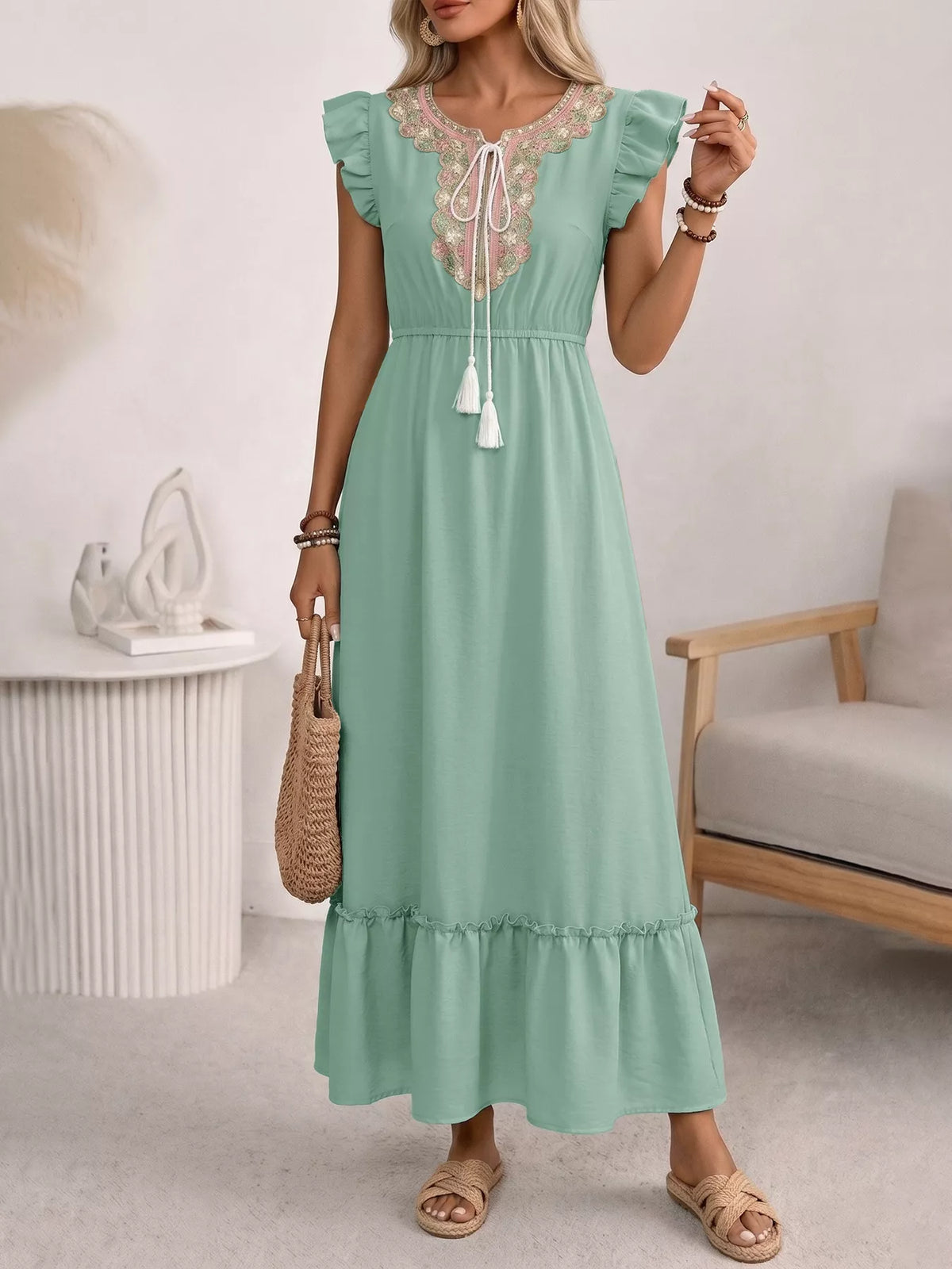 Tie-Neck Ruffle Sleeve Maxi Dress in Green