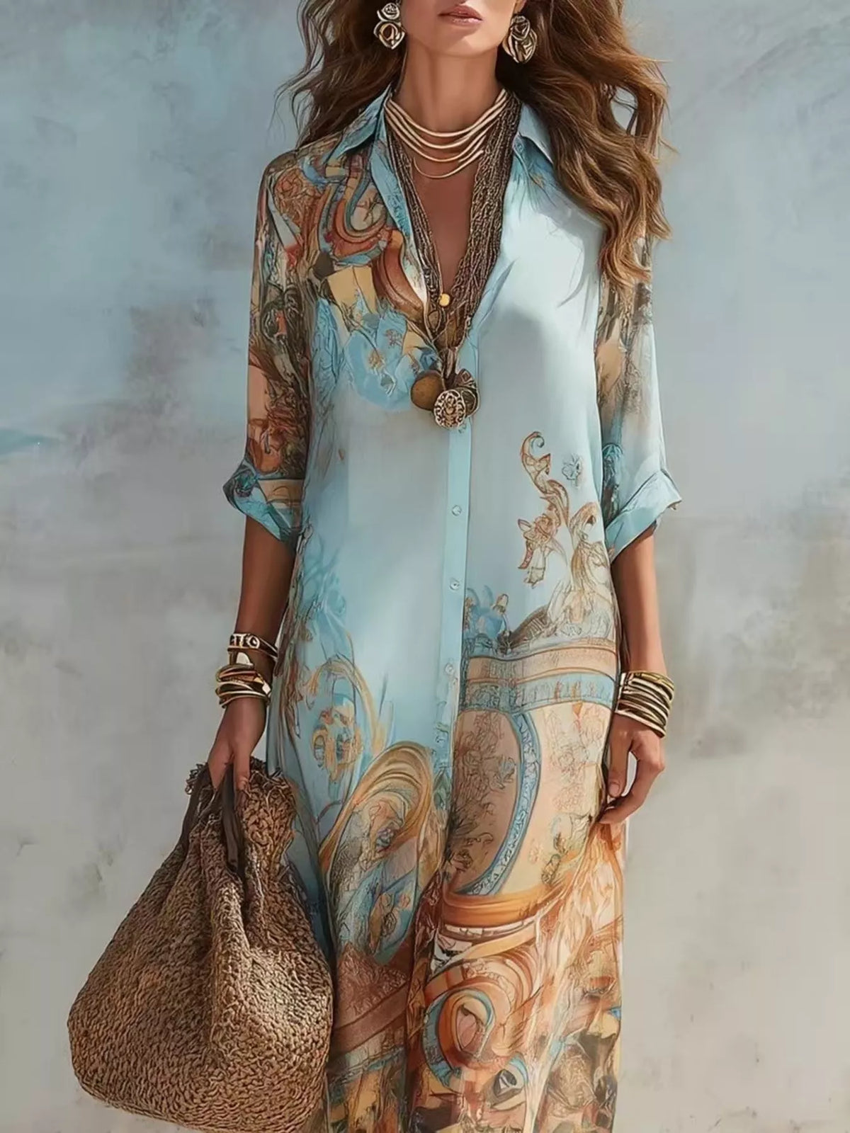Printed Button-Down Shirt Maxi Dress