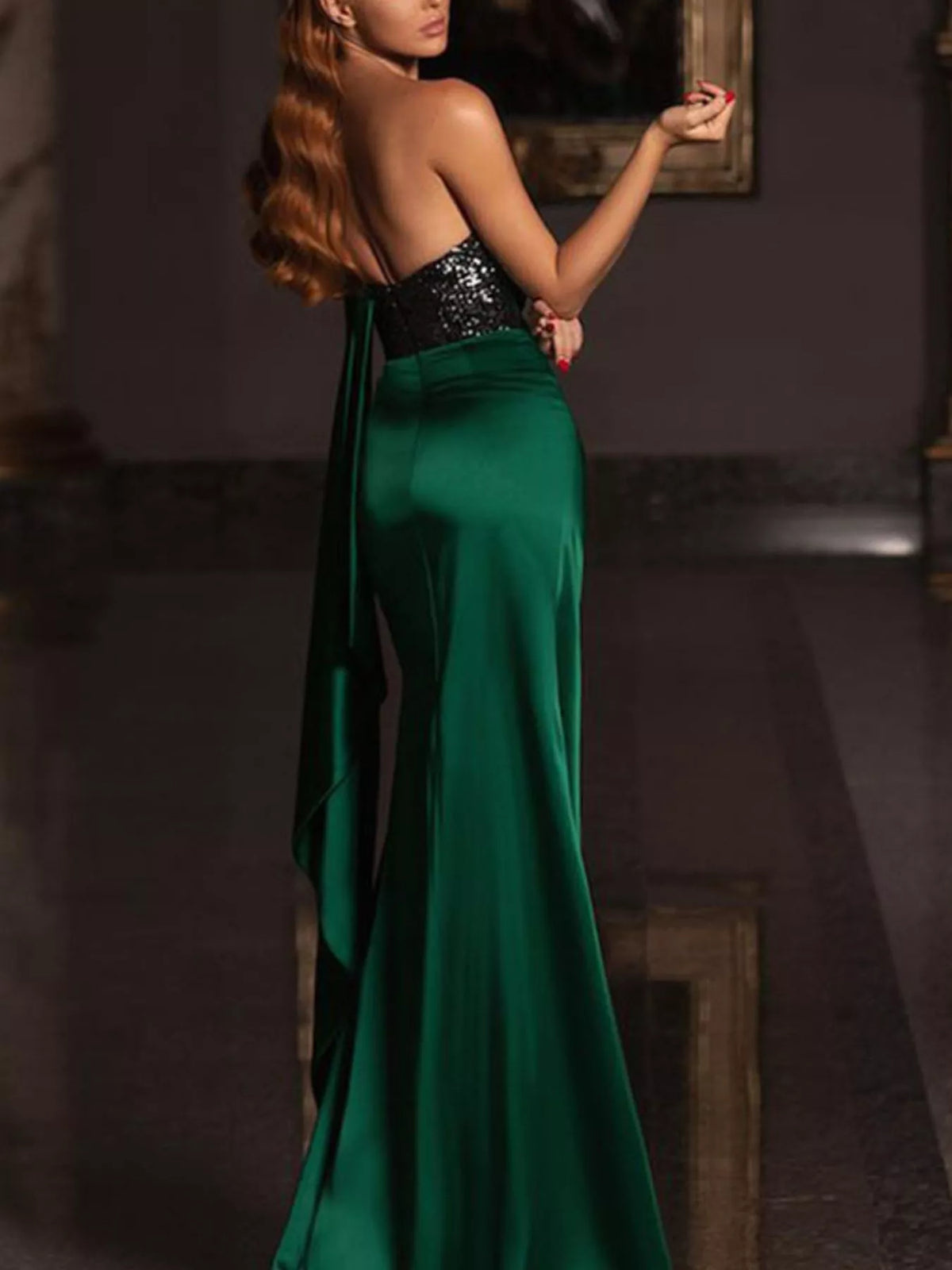 One-Shoulder Sequin Bodice Satin Gown