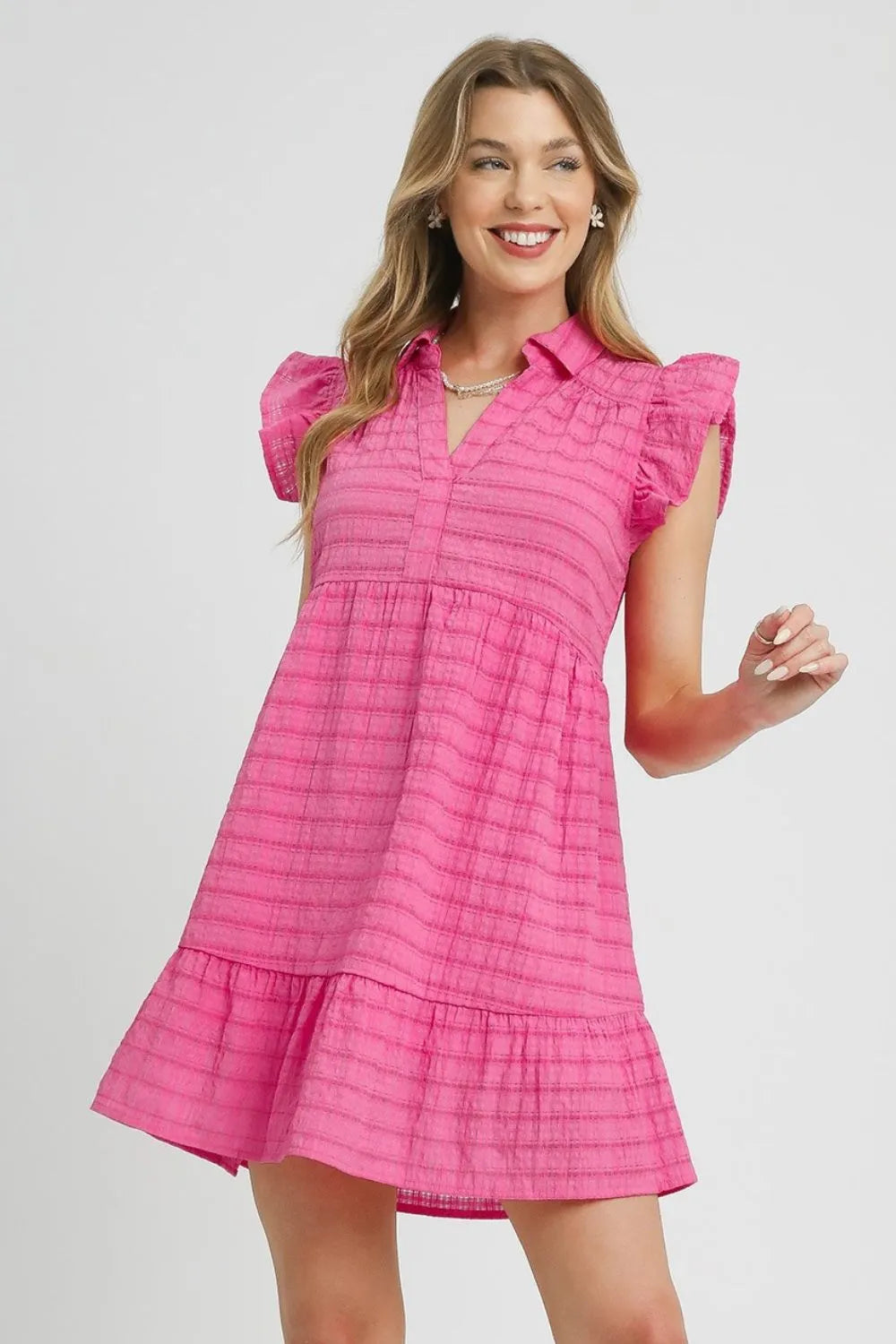 Umgee Striped Ruffle Hem Shirt Dress in Hot Pink