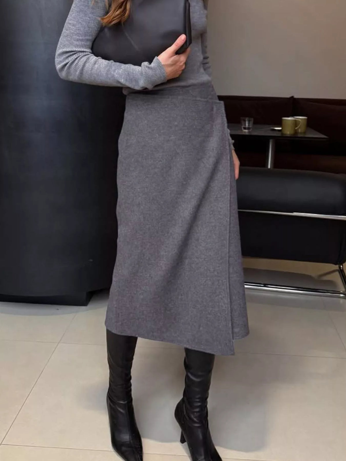 High-Waisted Wrap Midi Skirt in Gray