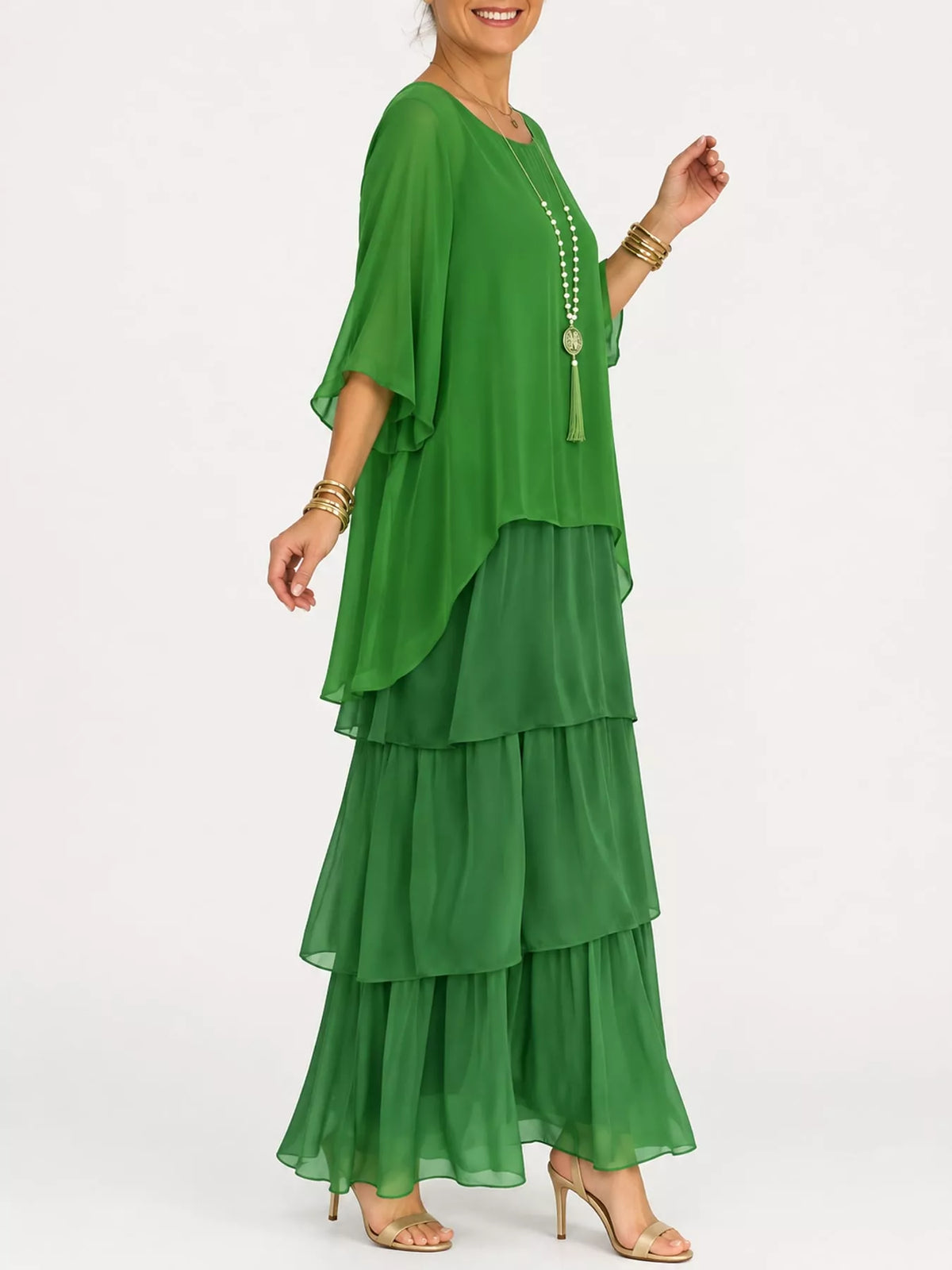 Layered Batwing-Sleeve Tiered Maxi Dress