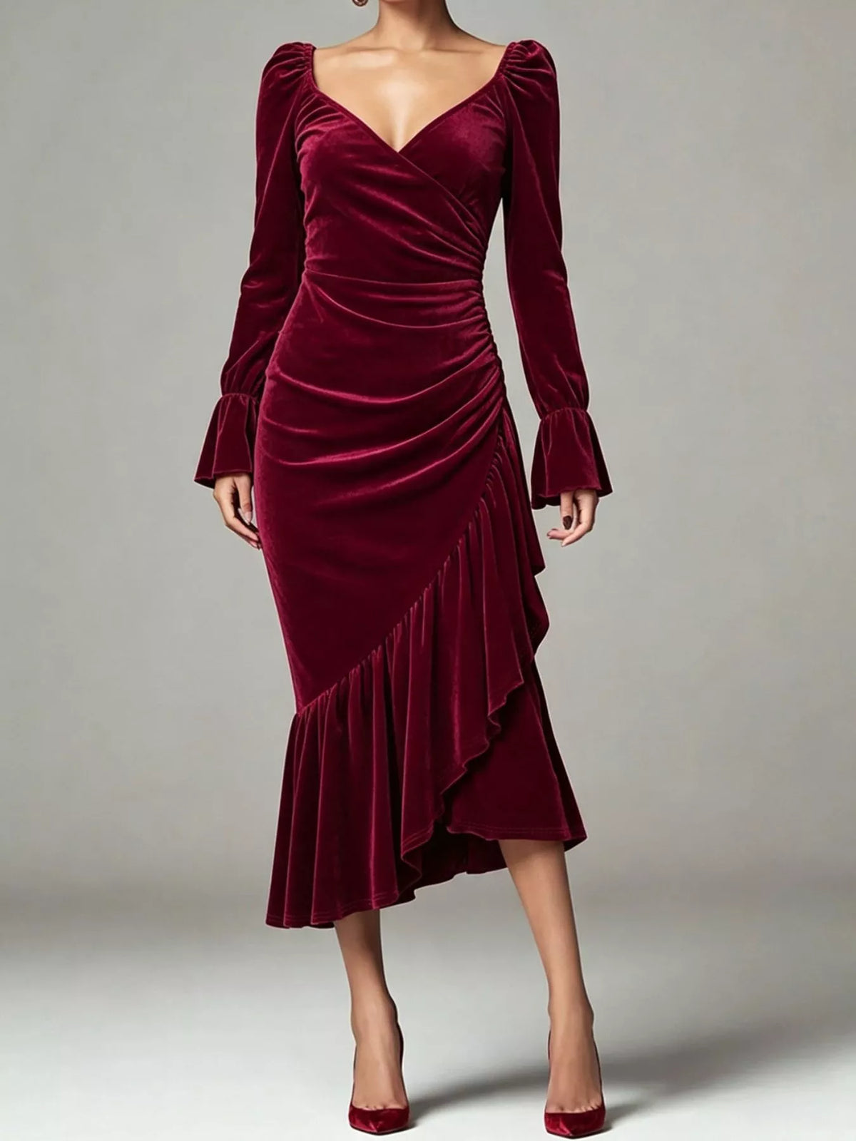 Velvet Ruched Ruffle Hem Midi Dress in Burgundy