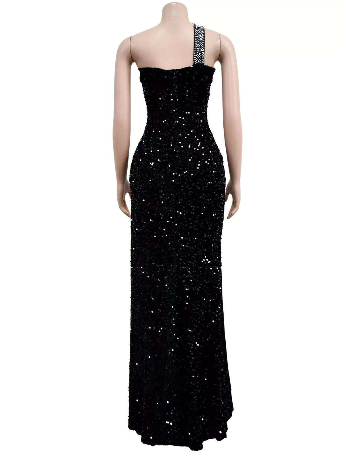 Rhinestone One-Shoulder High-Slit Maxi Dress