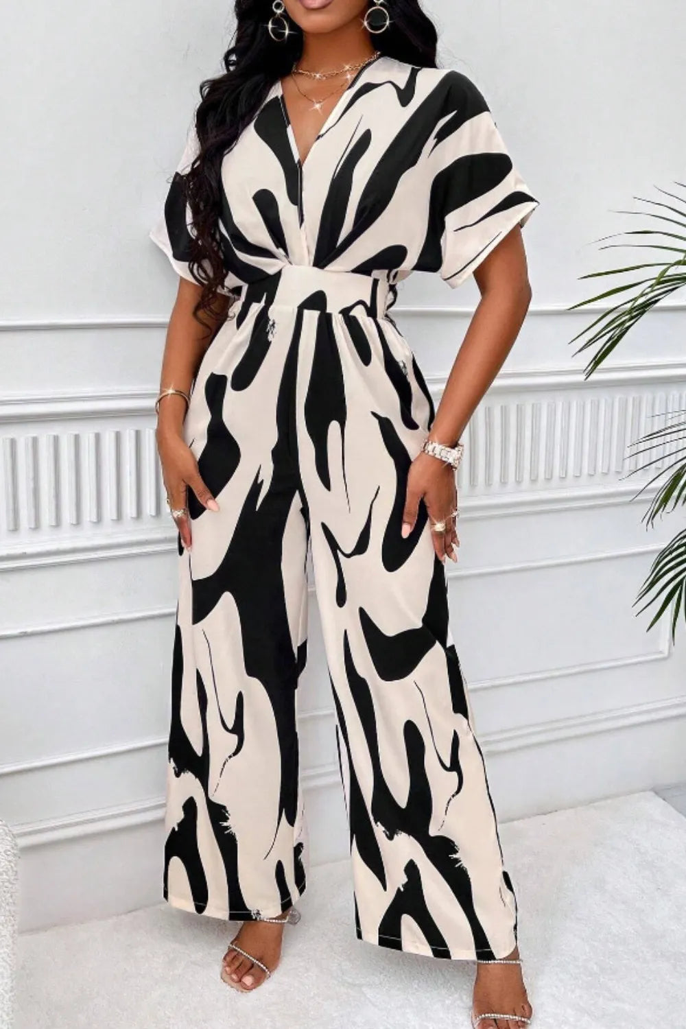 Printed V-Neck Wide Leg Jumpsuit