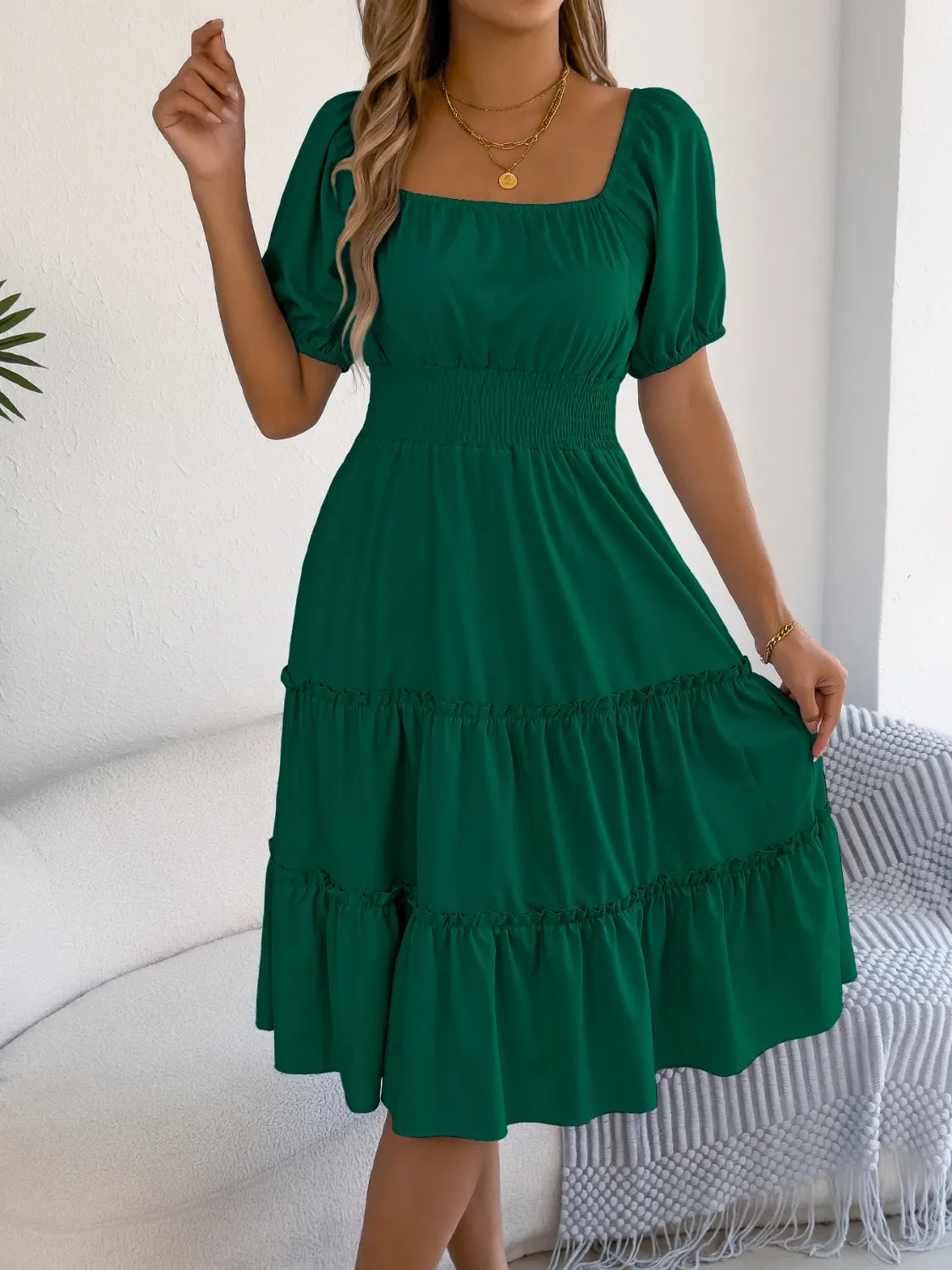 Square Neck Puff Sleeve Smocked Dress