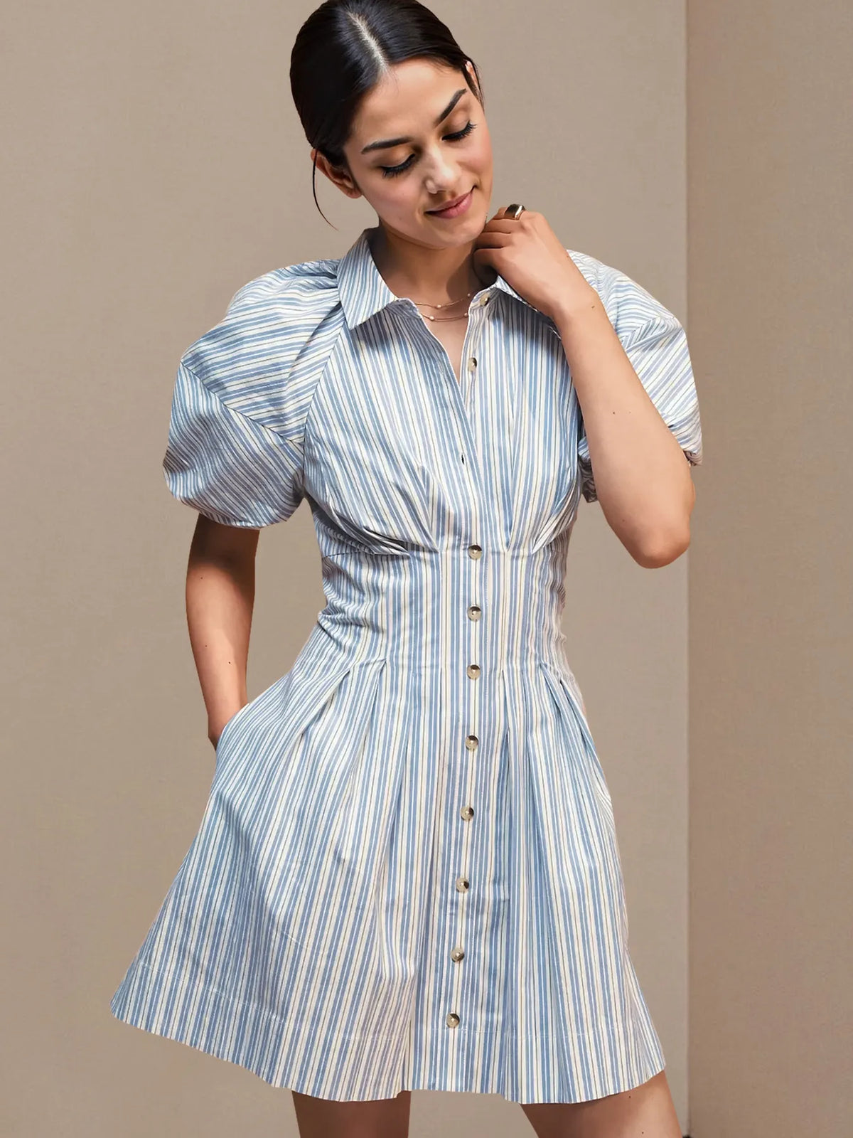 Striped Button-Front Shirt Dress in Azure Blue