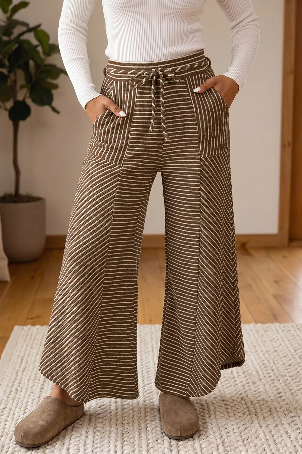 Stripe Patchwork Wide Leg Pants in Brown