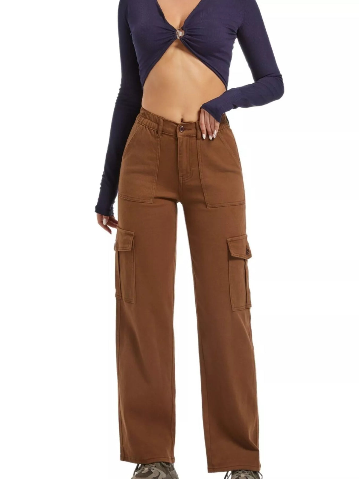 High-Waisted Cargo Jeans with Contrast Stitching
