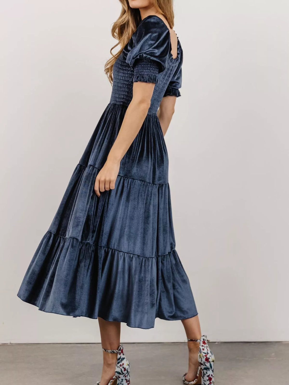 Smocked Tiered Velvet Midi Dress