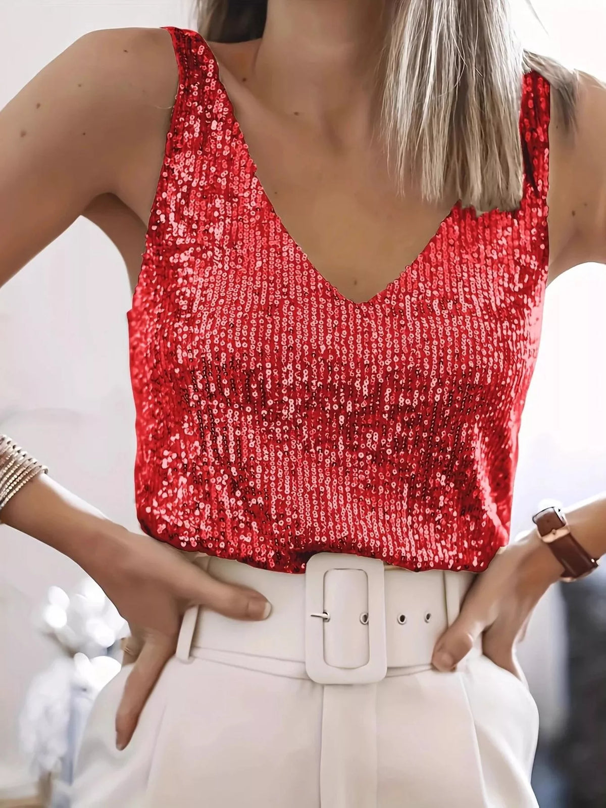 Sequin V-Neck Tank Top
