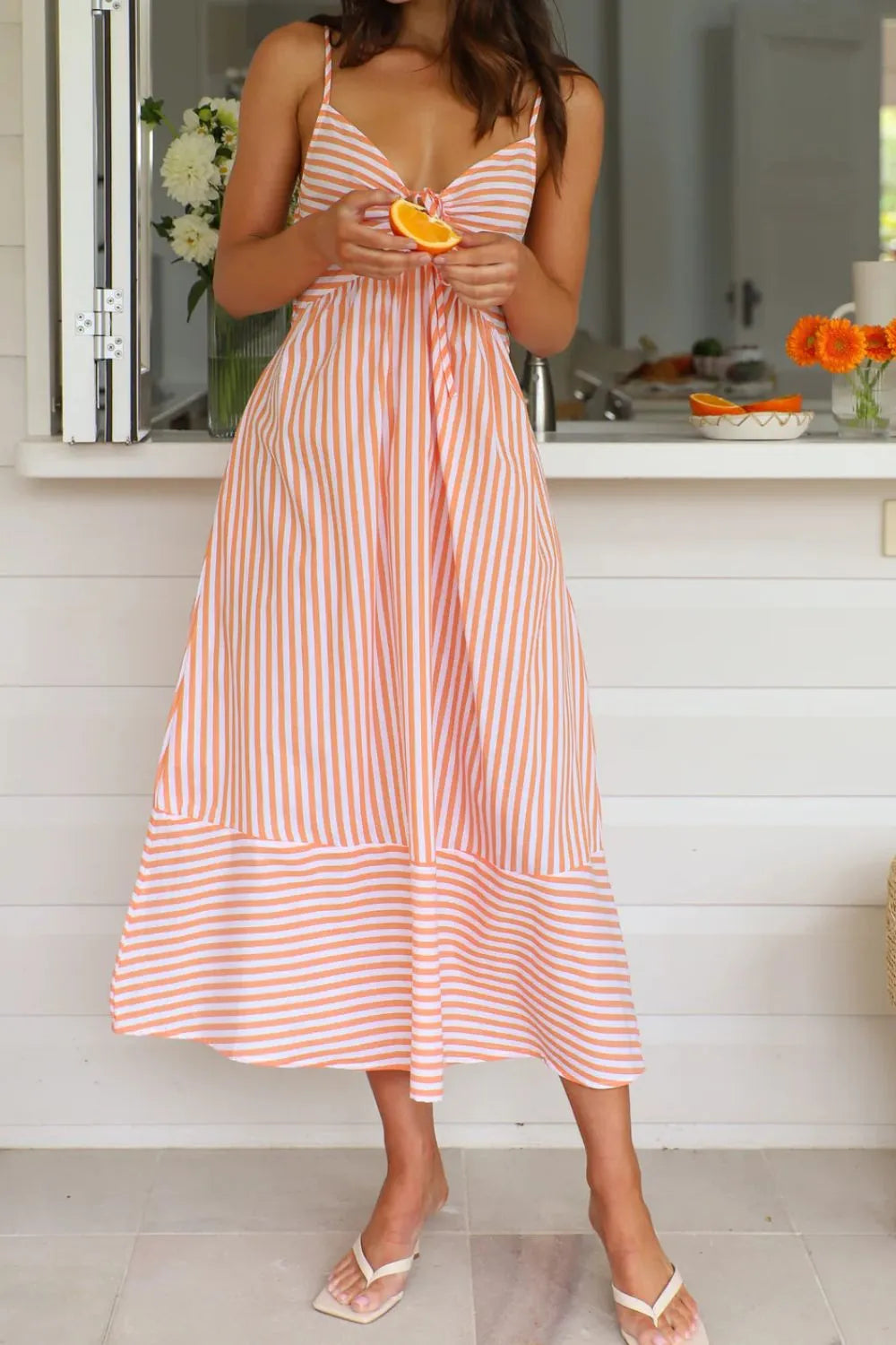 Striped Smocked-Back Midi Dress