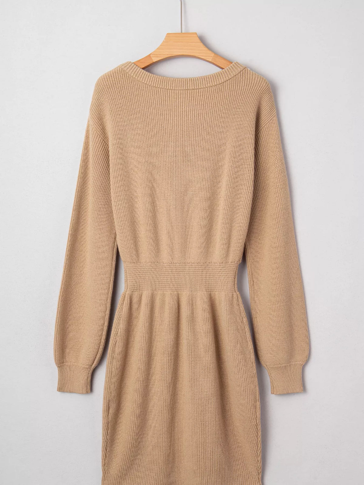 Pearl Embellished Keyhole Sweater Dress in Camel