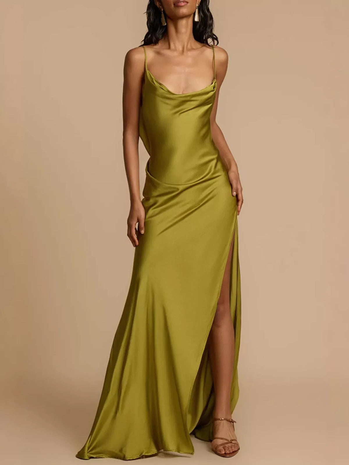 Satin Cowl Neck Slit Maxi Dress in Matcha in Matcha Color