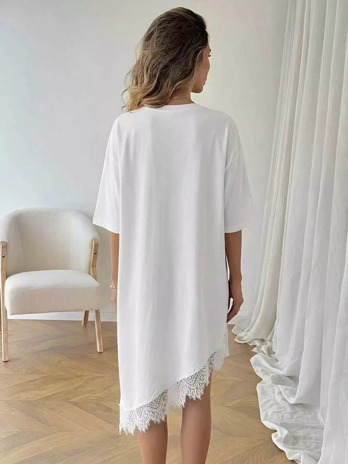 Asymmetrical Hem T-Shirt Dress with Lace Trim