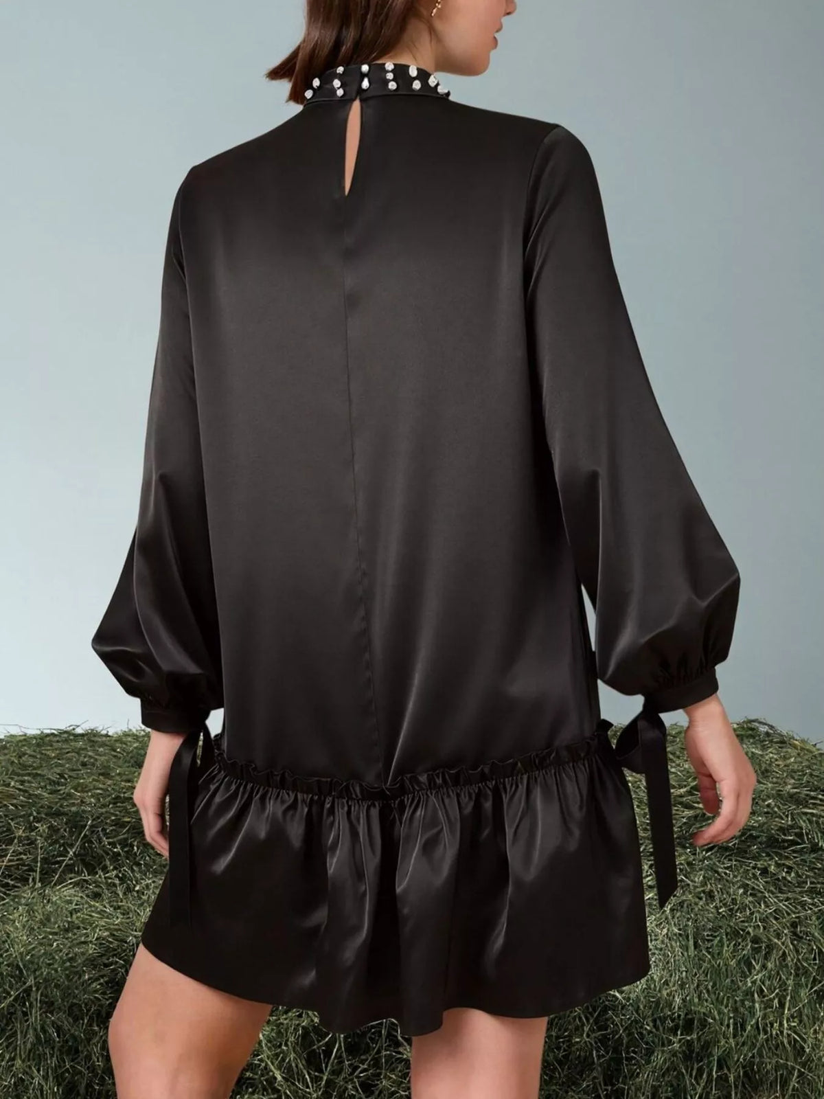 Pearl-Embellished Ruffle Hem Dress in Black