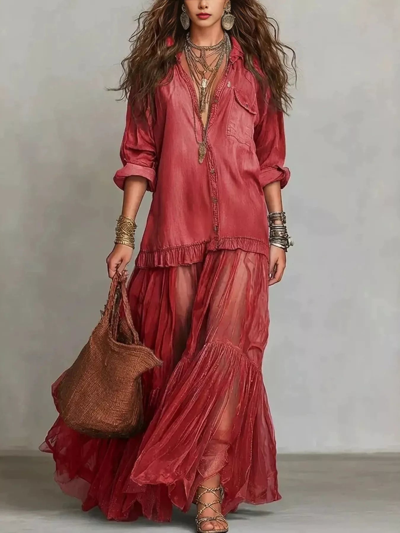 Tiered Long-Sleeve Denim Shirt Maxi Dress, Plus Size