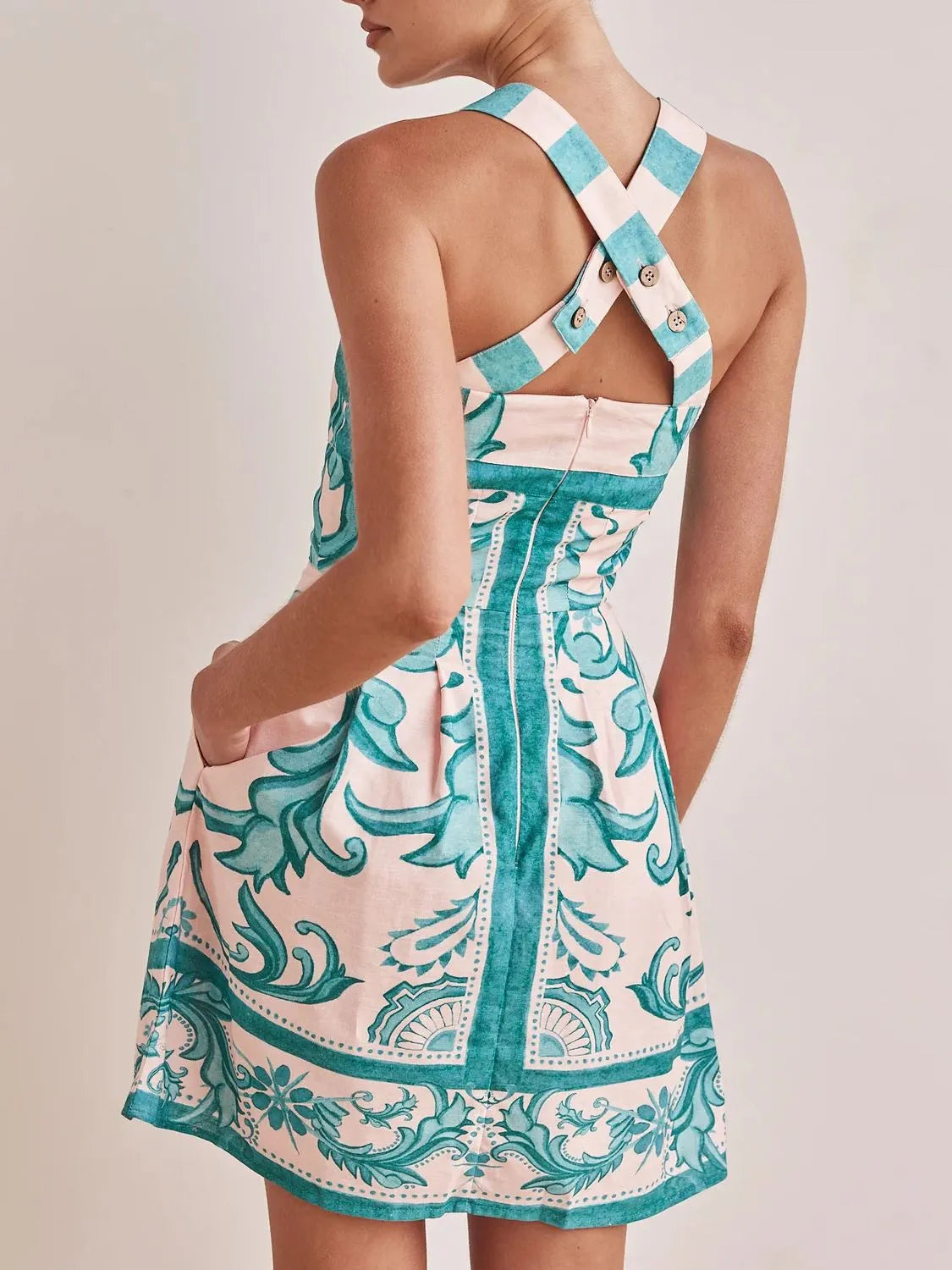 Printed Square Neck Buttoned Midi Dress