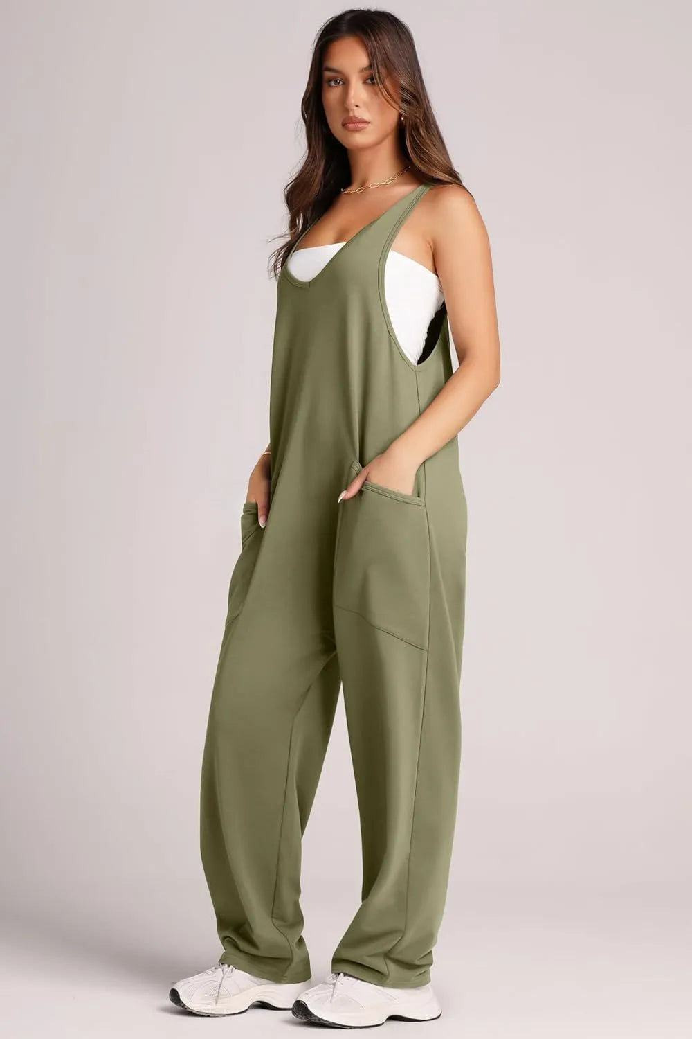 V-Neck Wide Strap Overalls with Pockets