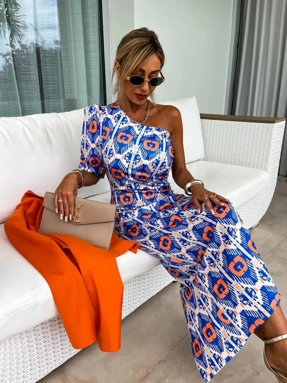 Slit Printed Single Shoulder Midi Dress