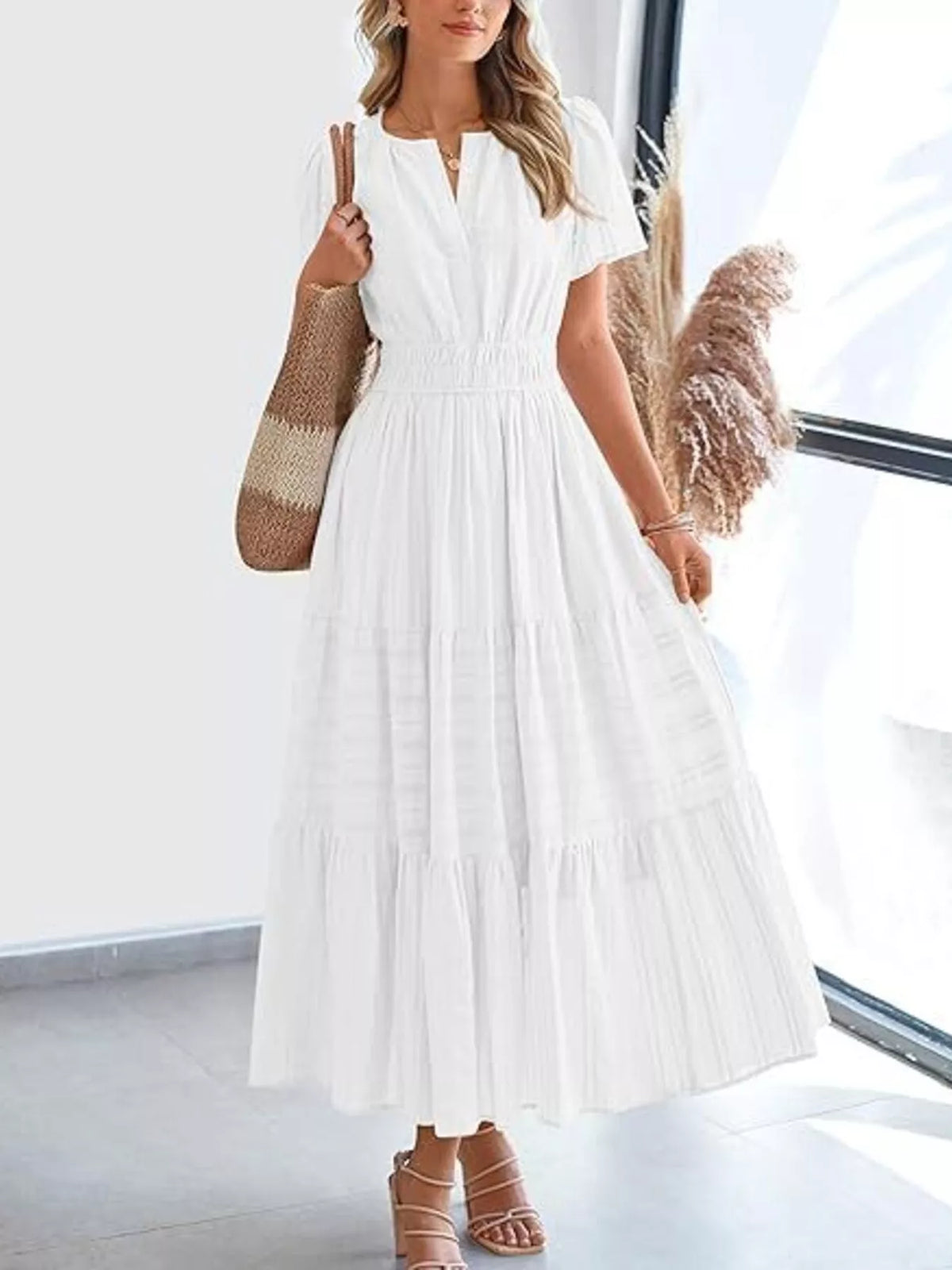 Short Sleeve Tiered Midi Dress with Pockets