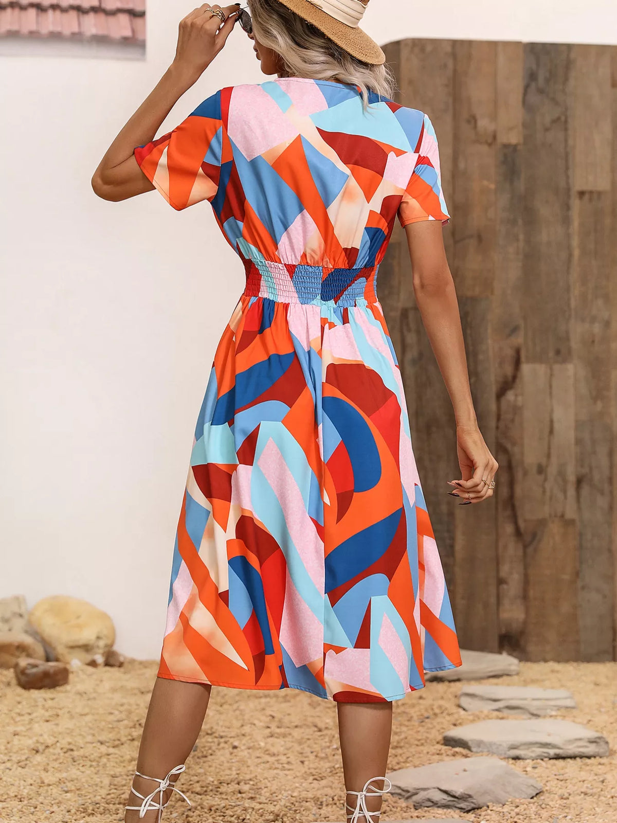 Smocked Printed Short-Sleeve Midi Dress