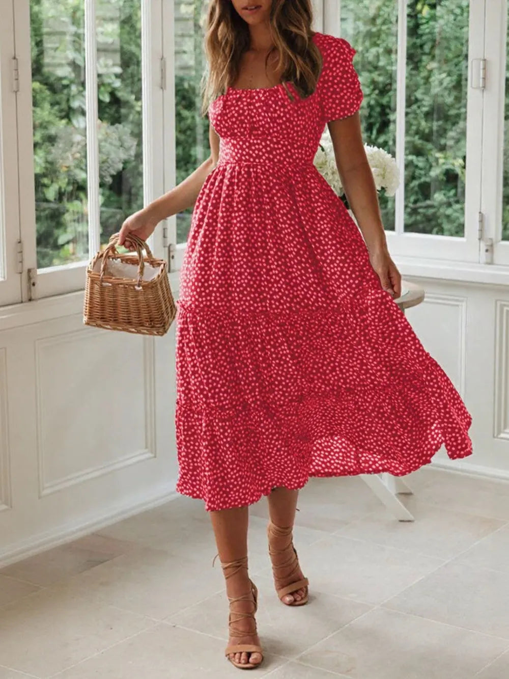 Printed Square Neck Midi Dress by Ease Mee