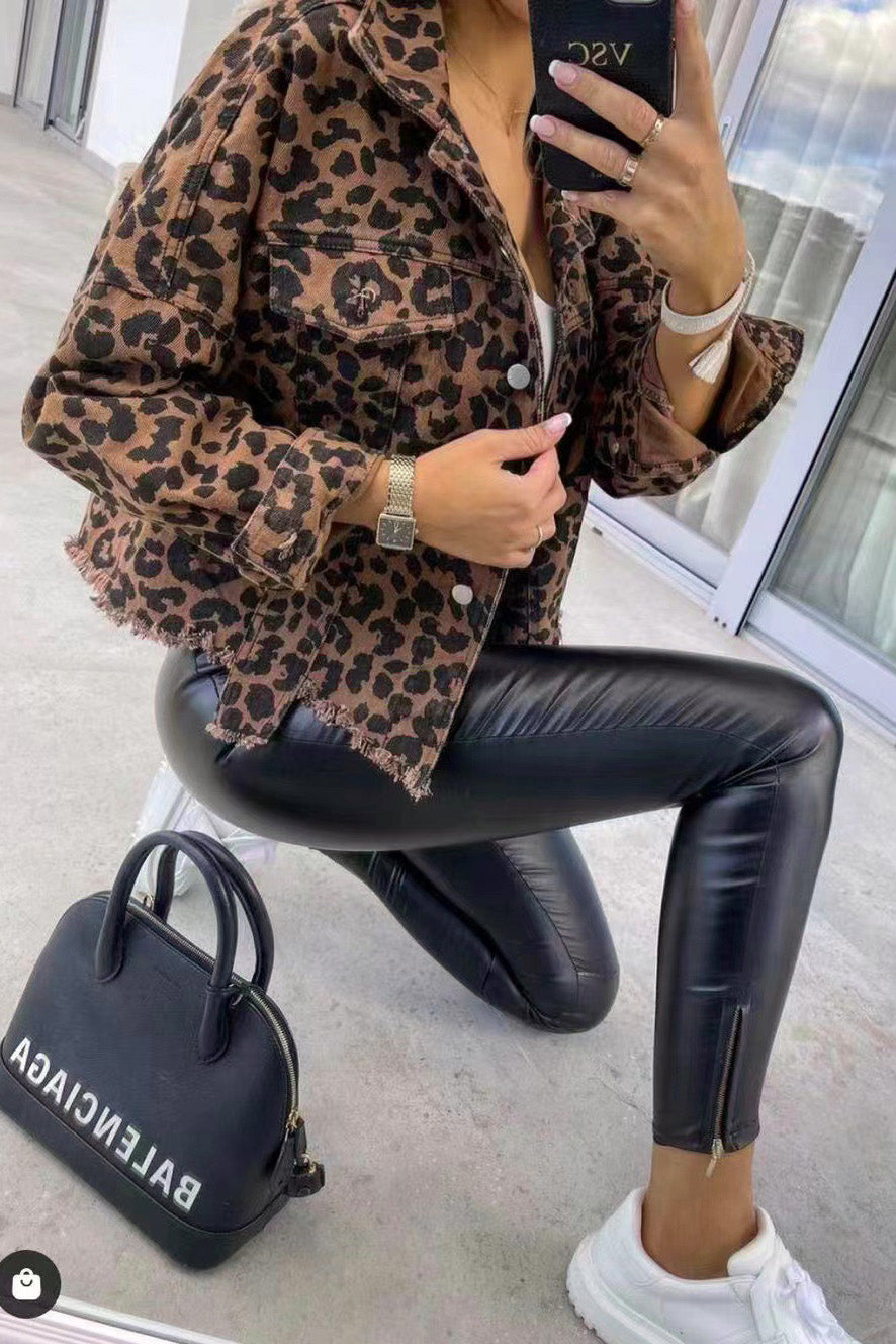 Leopard Print Raw Hem Denim Jacket by X@Y@K