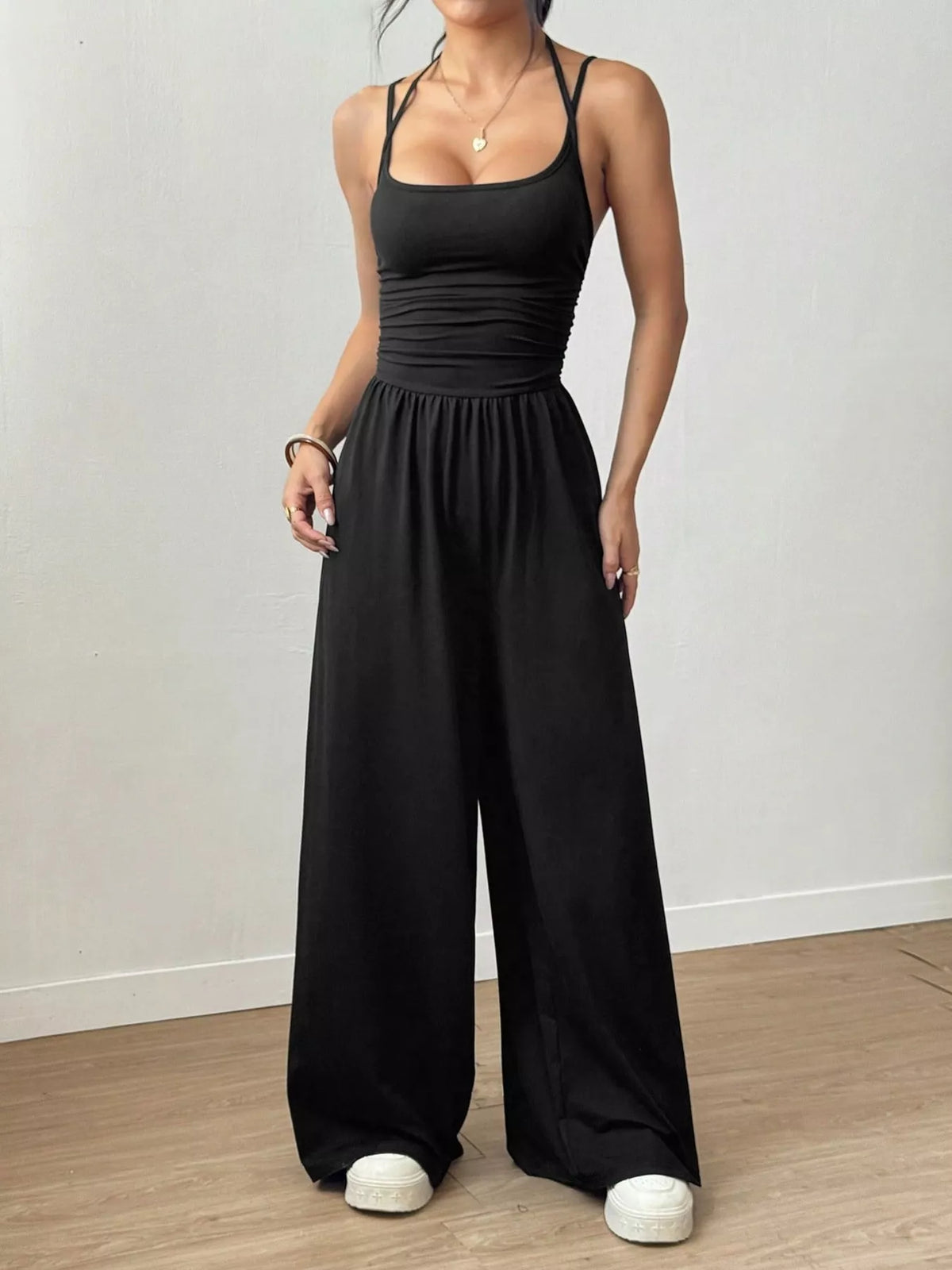 Ruched Spaghetti Strap Wide Leg Jumpsuit