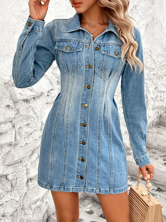 Button-Up Denim Dress in Medium Wash
