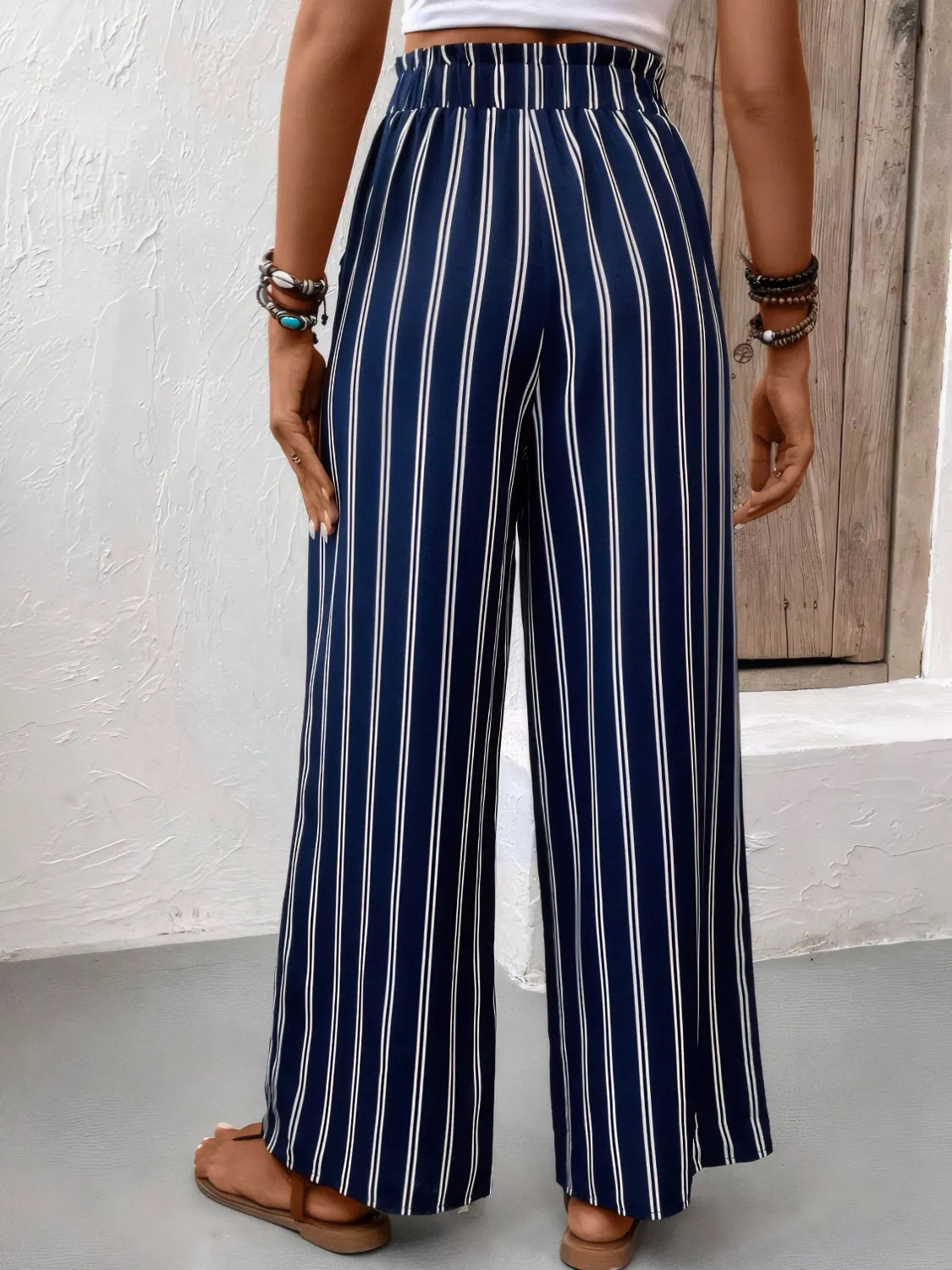 Striped Wide Leg Pants in Dark Navy