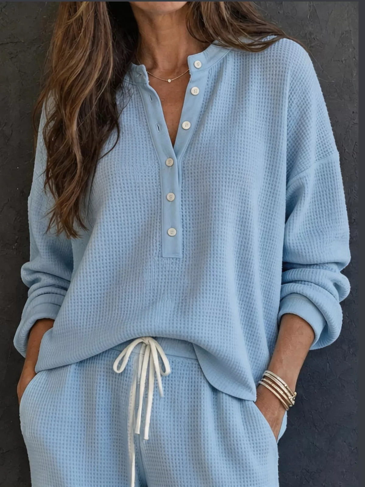 Waffle Knit Button Detail Top and Pants Set