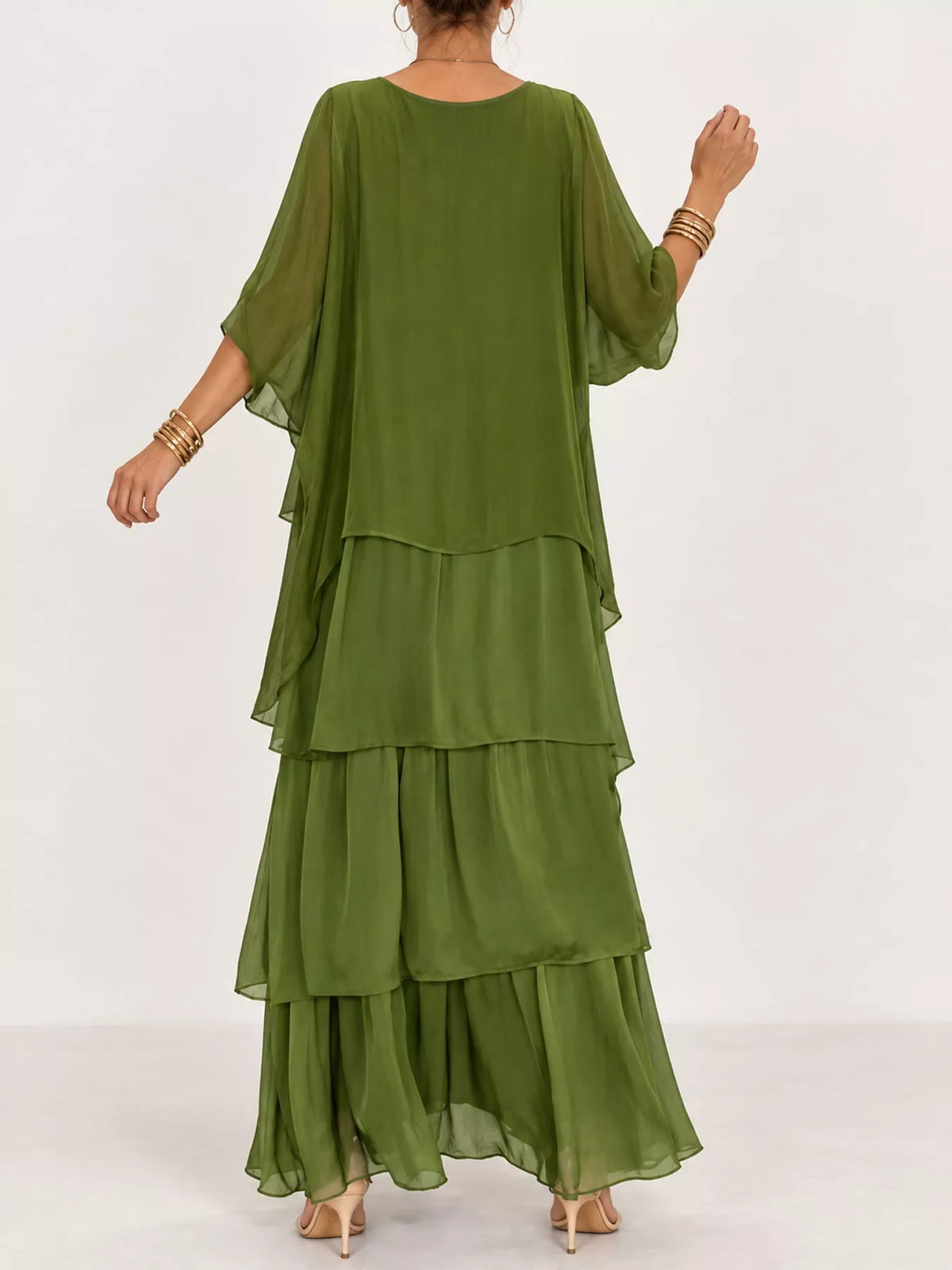 Layered Batwing-Sleeve Tiered Maxi Dress