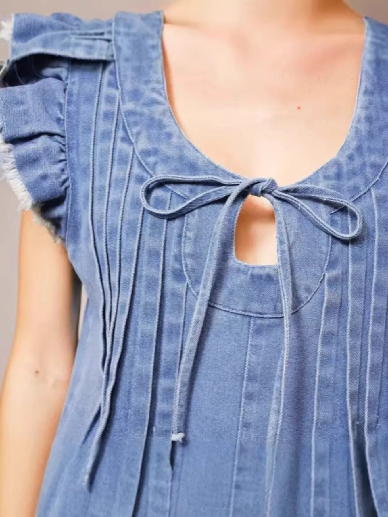Ruffle Sleeve Denim Romper in Blue