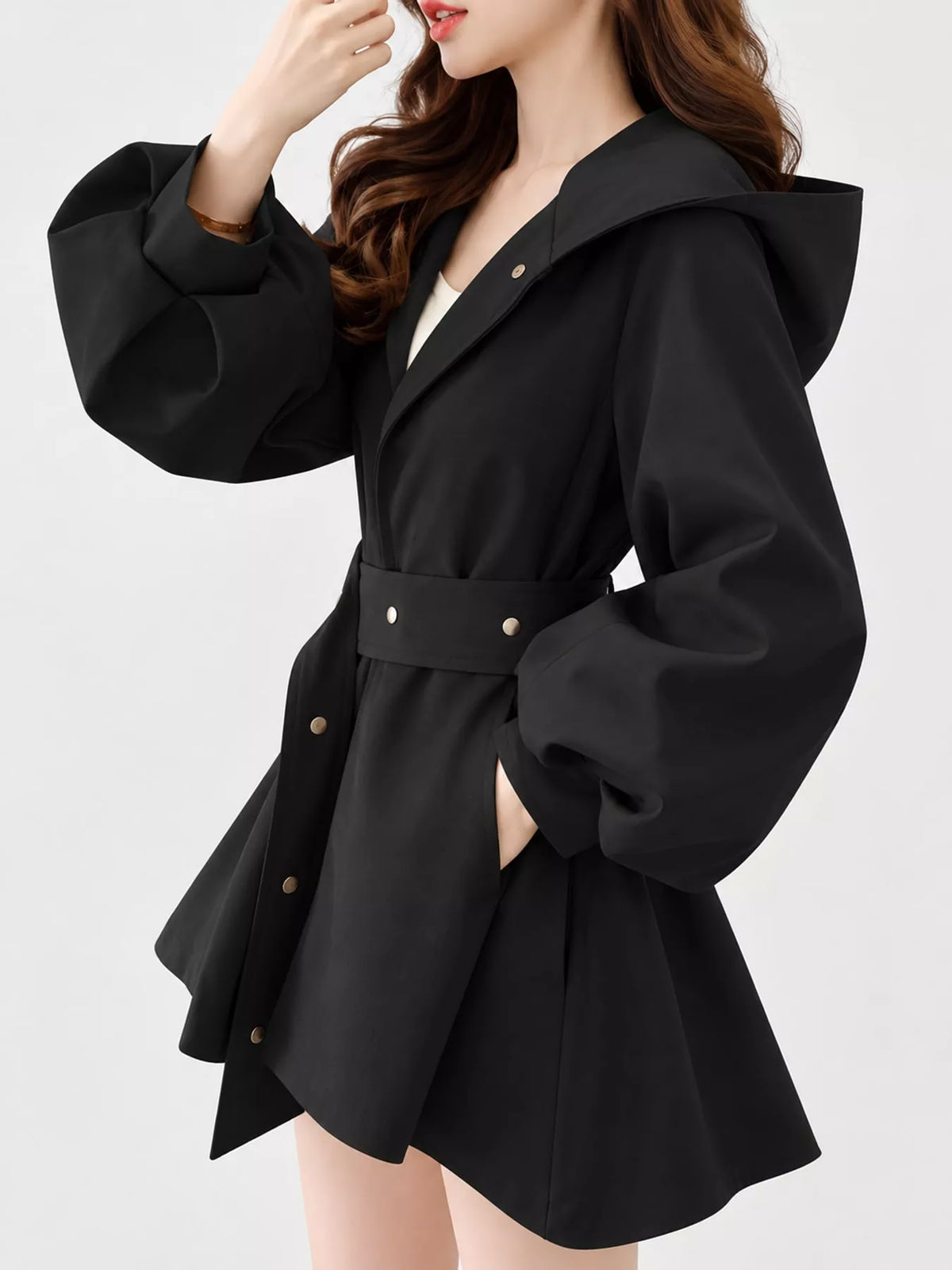 Lantern Sleeve Hooded Jacket with Belted Waist