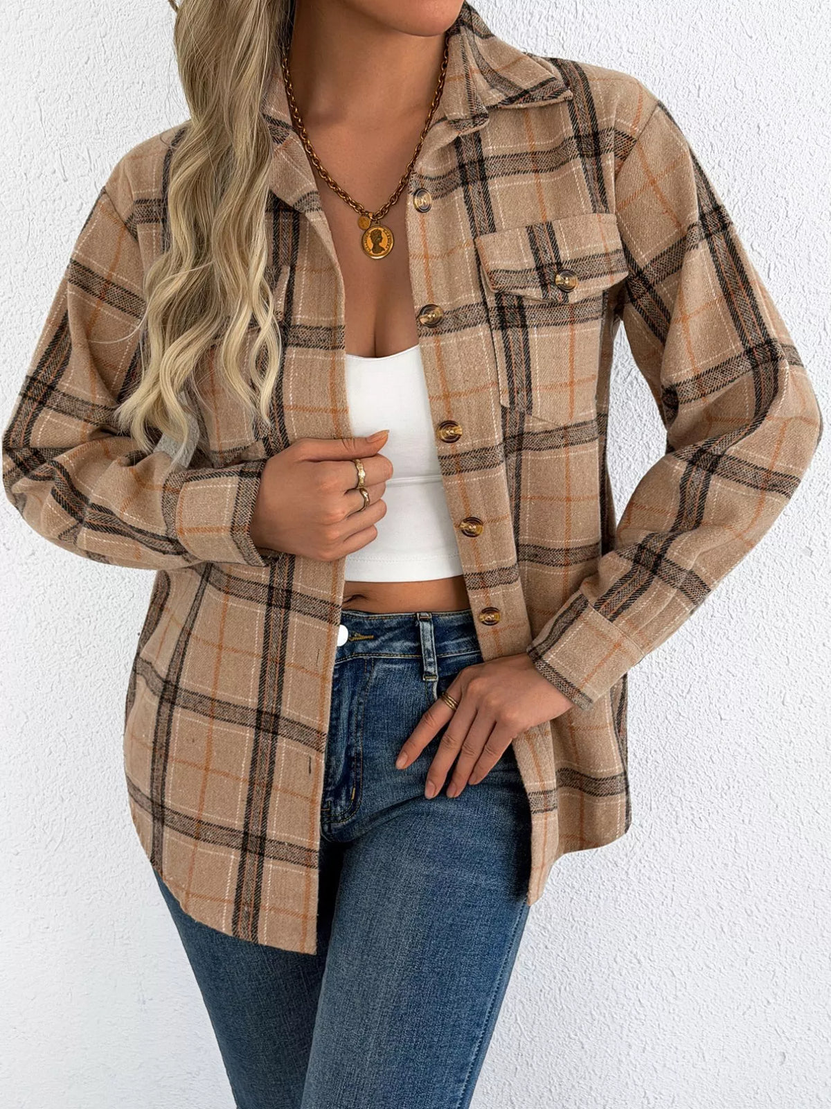 Plaid Button-Down Shacket by Clise