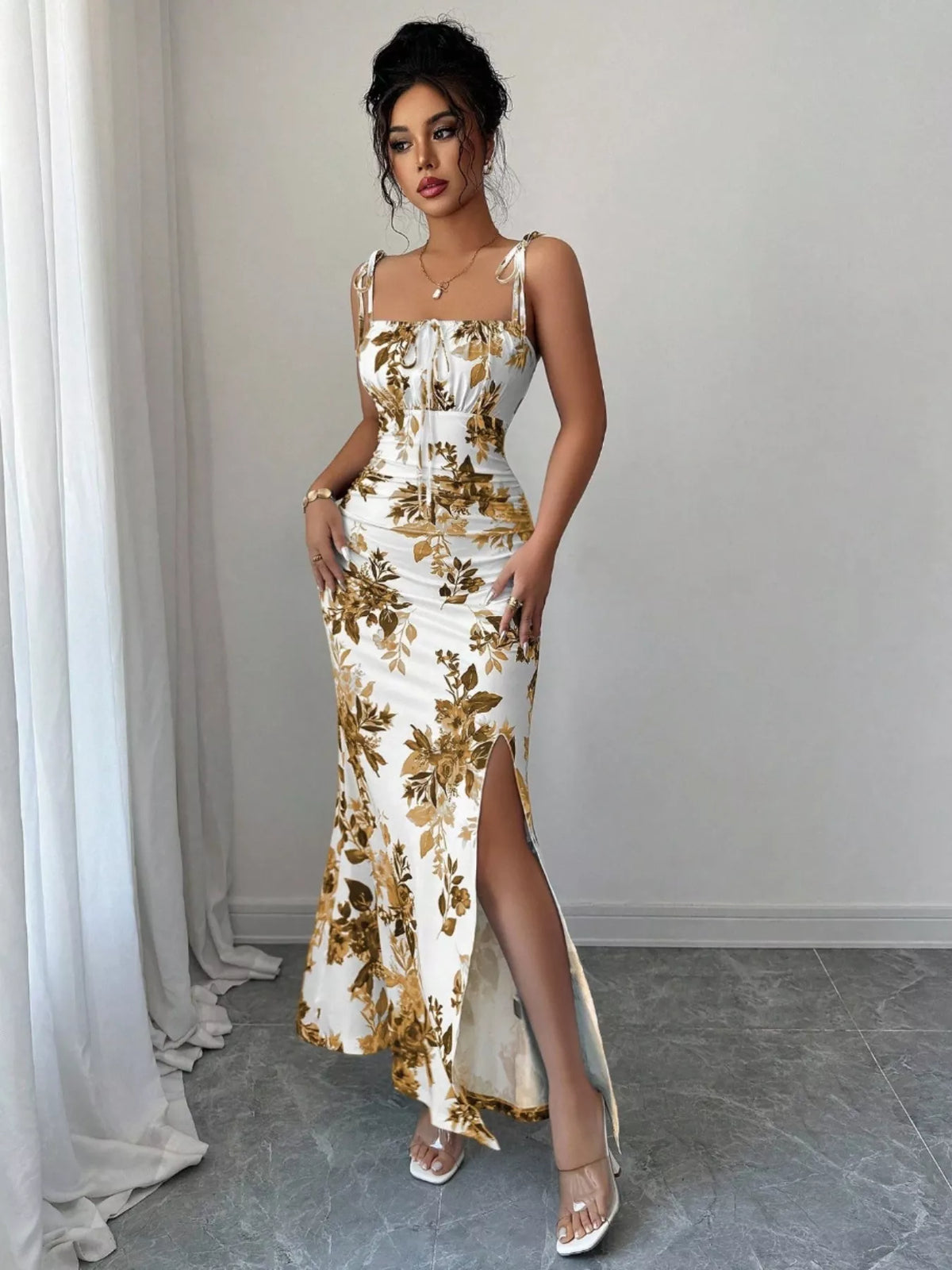 Printed Tie Strap Maxi Dress with Slit