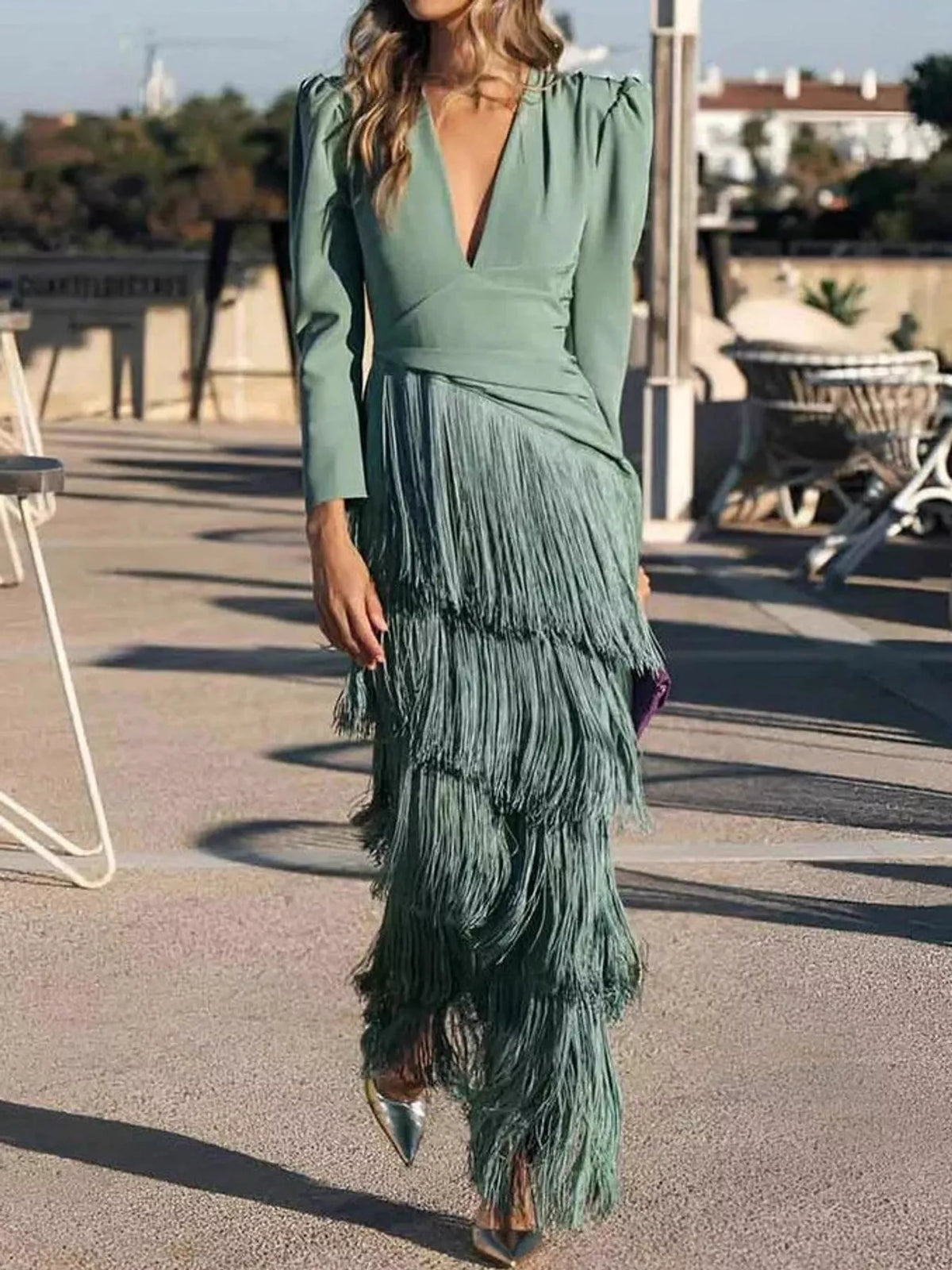 Fringed V-Neck Puff Sleeve Maxi Dress