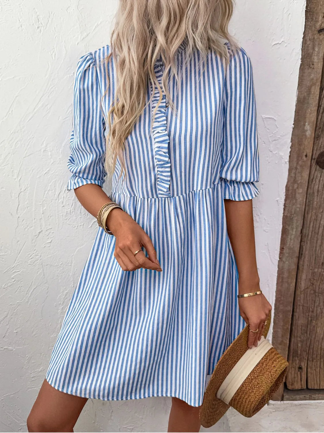 Striped Half Sleeve Mini Shirt Dress in Light Blue