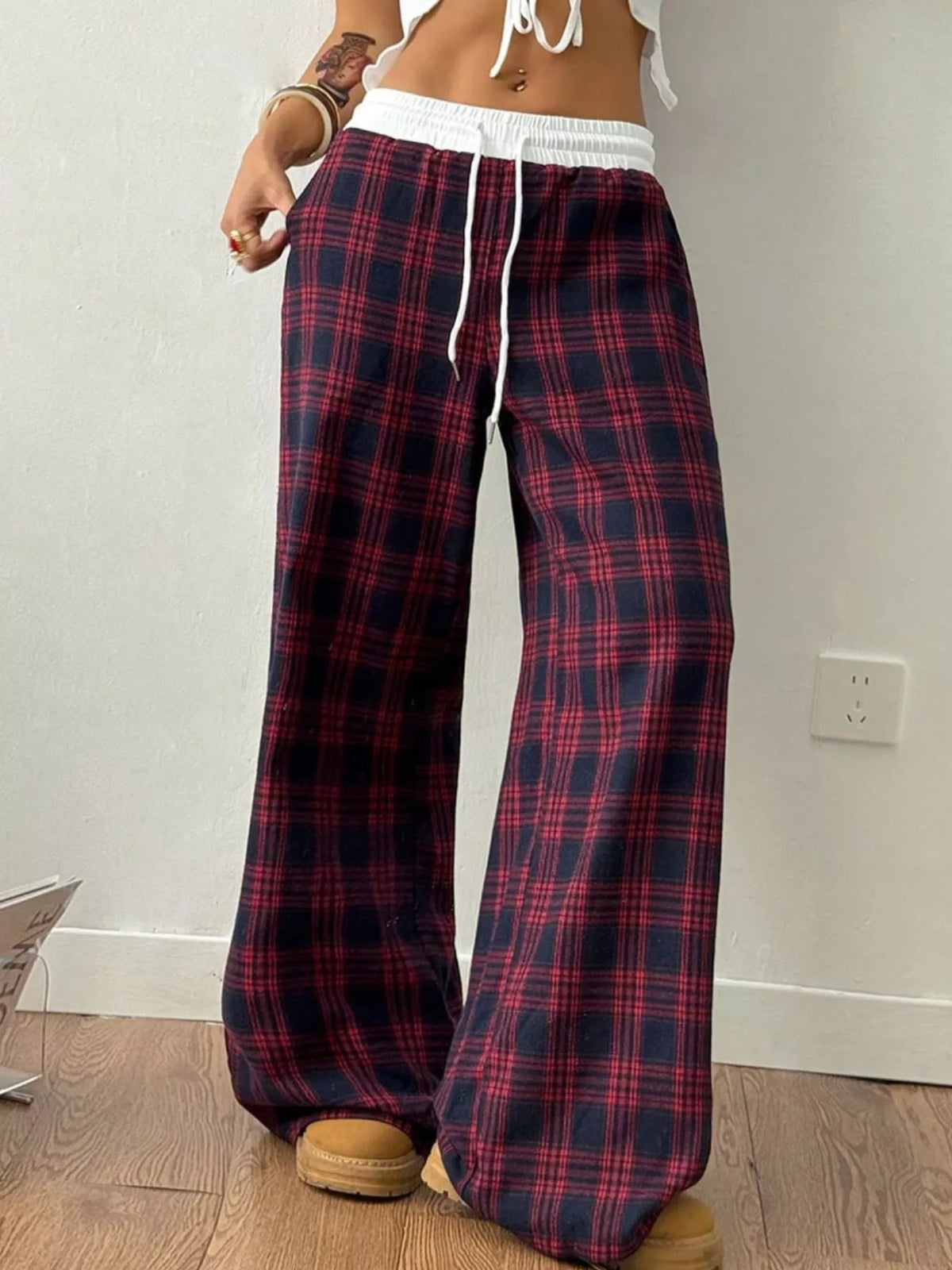 Plaid Drawstring Wide Leg Pants
