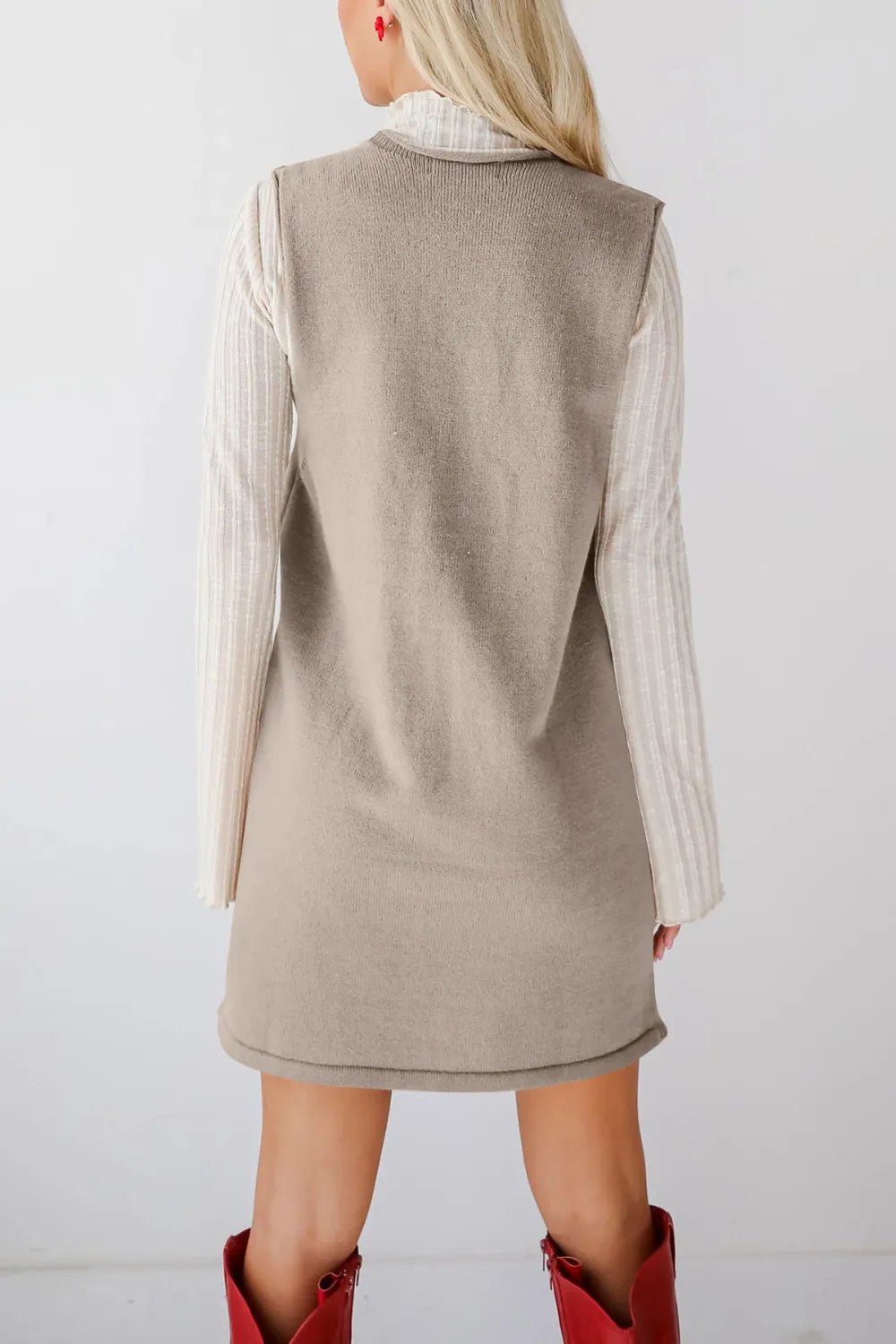 Pocketed V-Neck Mini Sweater Overall Dress