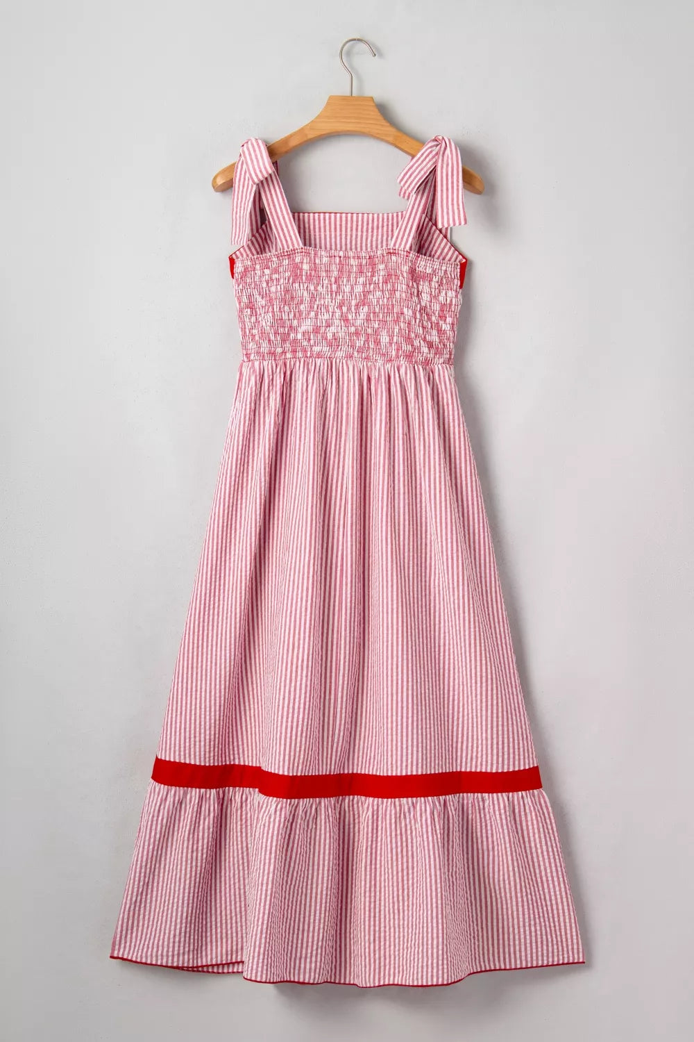 Striped Bow-Strap Ruffle Hem Maxi Dress in Dusty Pink