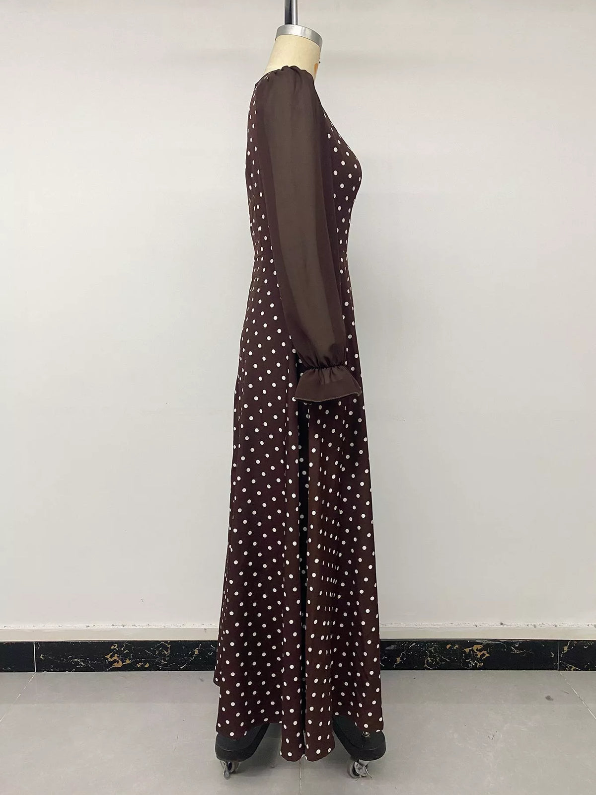 Polka Dot Square Neck Maxi Dress in Brown