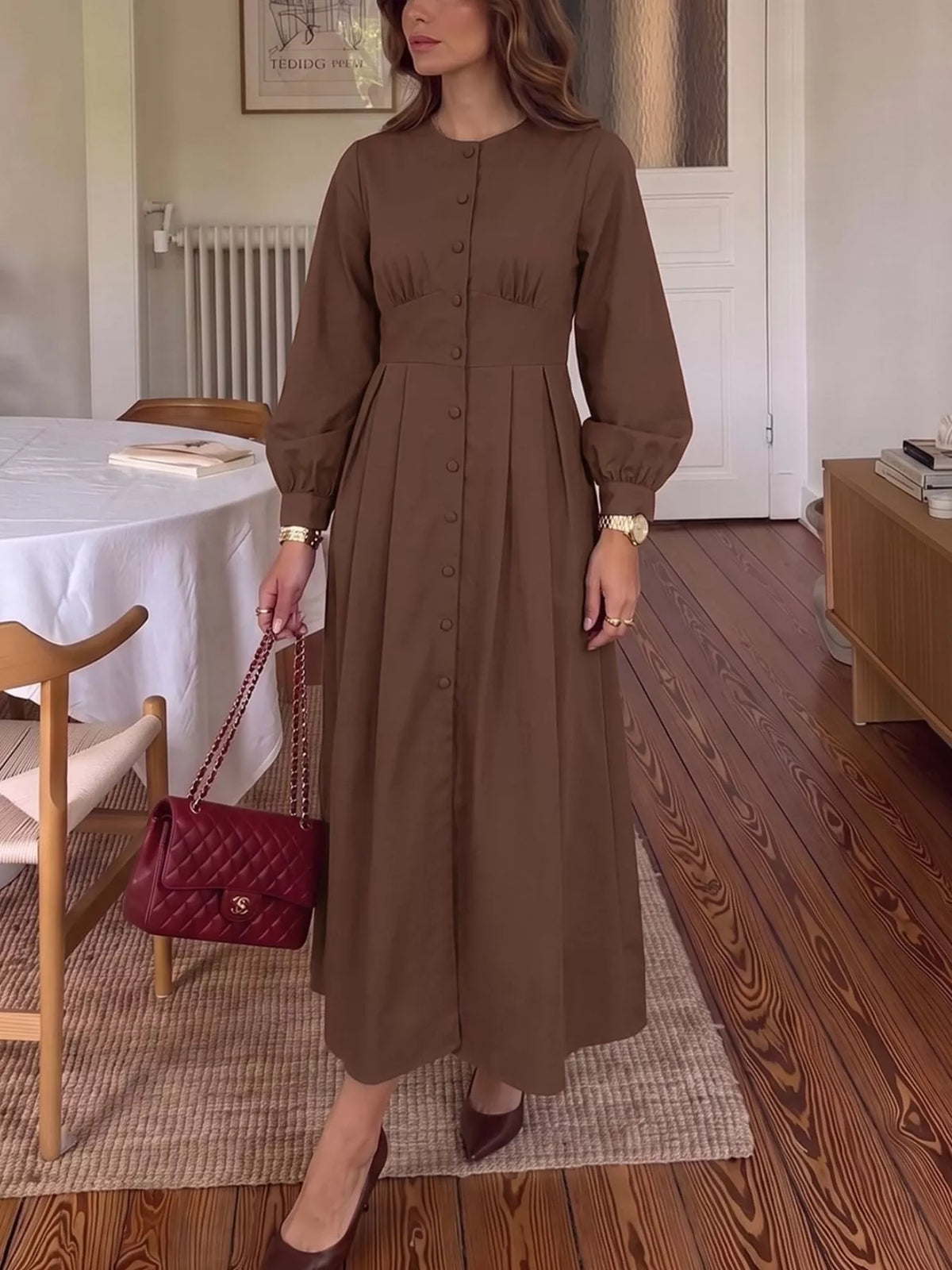 Button-Down Long Sleeve Midi Dress in Coffee Brown
