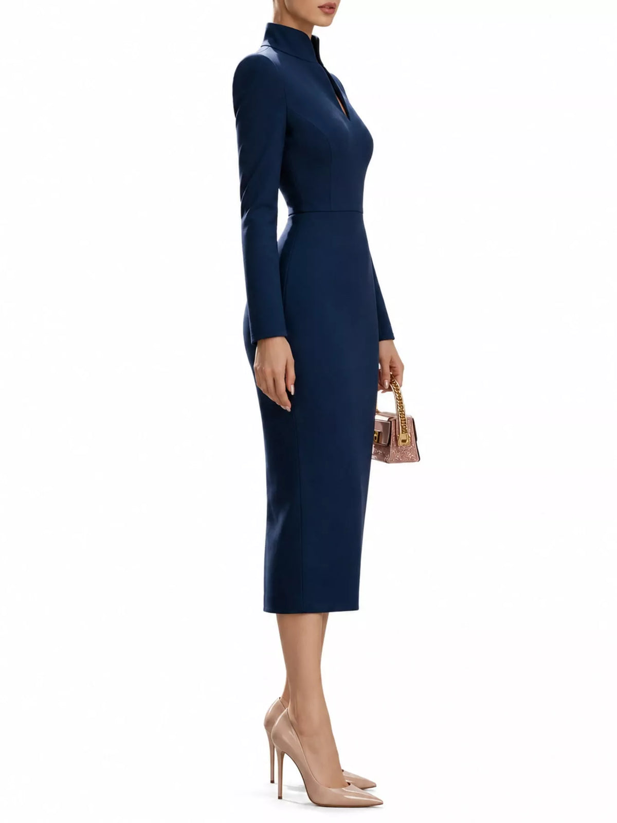 Plus Size Stand-Collar Long-Sleeve Midi Dress