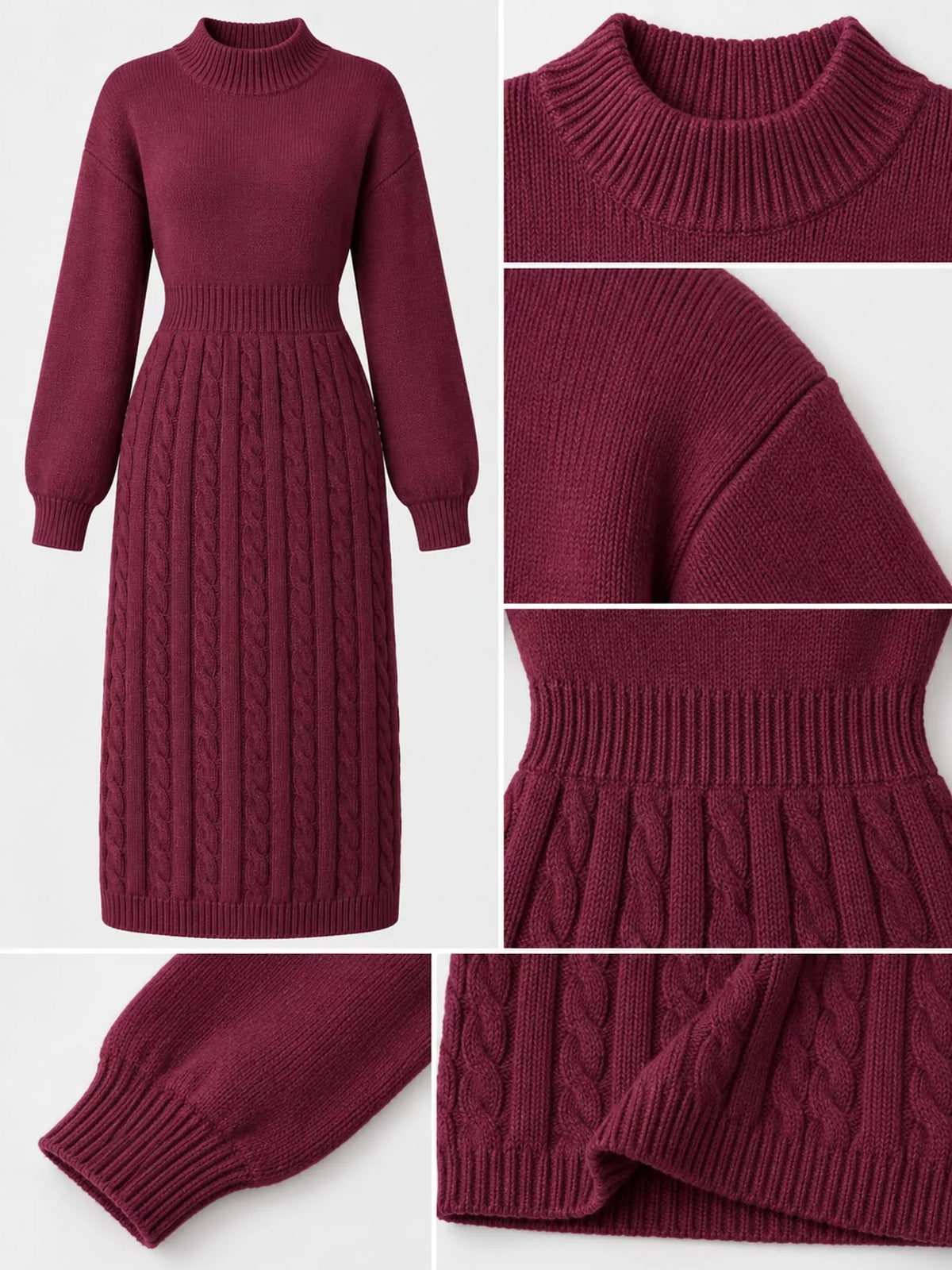 Mock Neck Cable Knit Sweater Dress with Front Slit