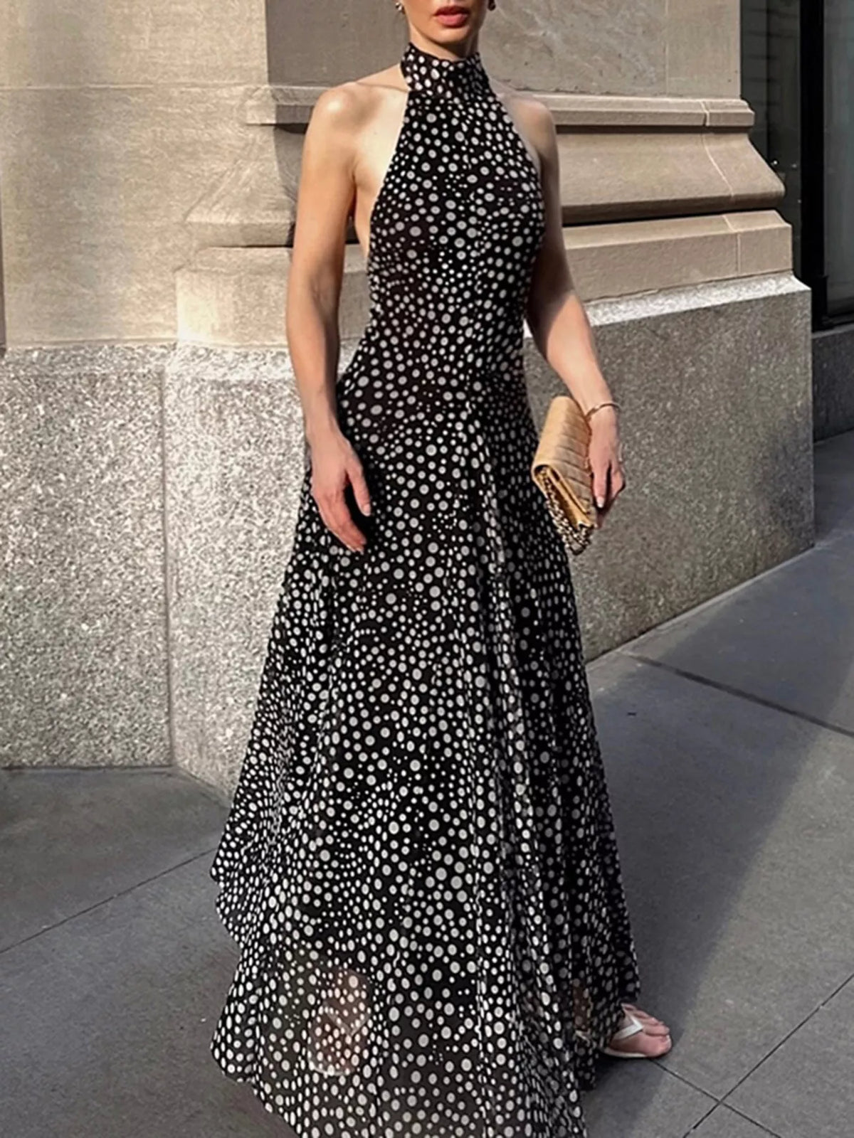 Halter Neck Polka Dot Maxi Dress in Black